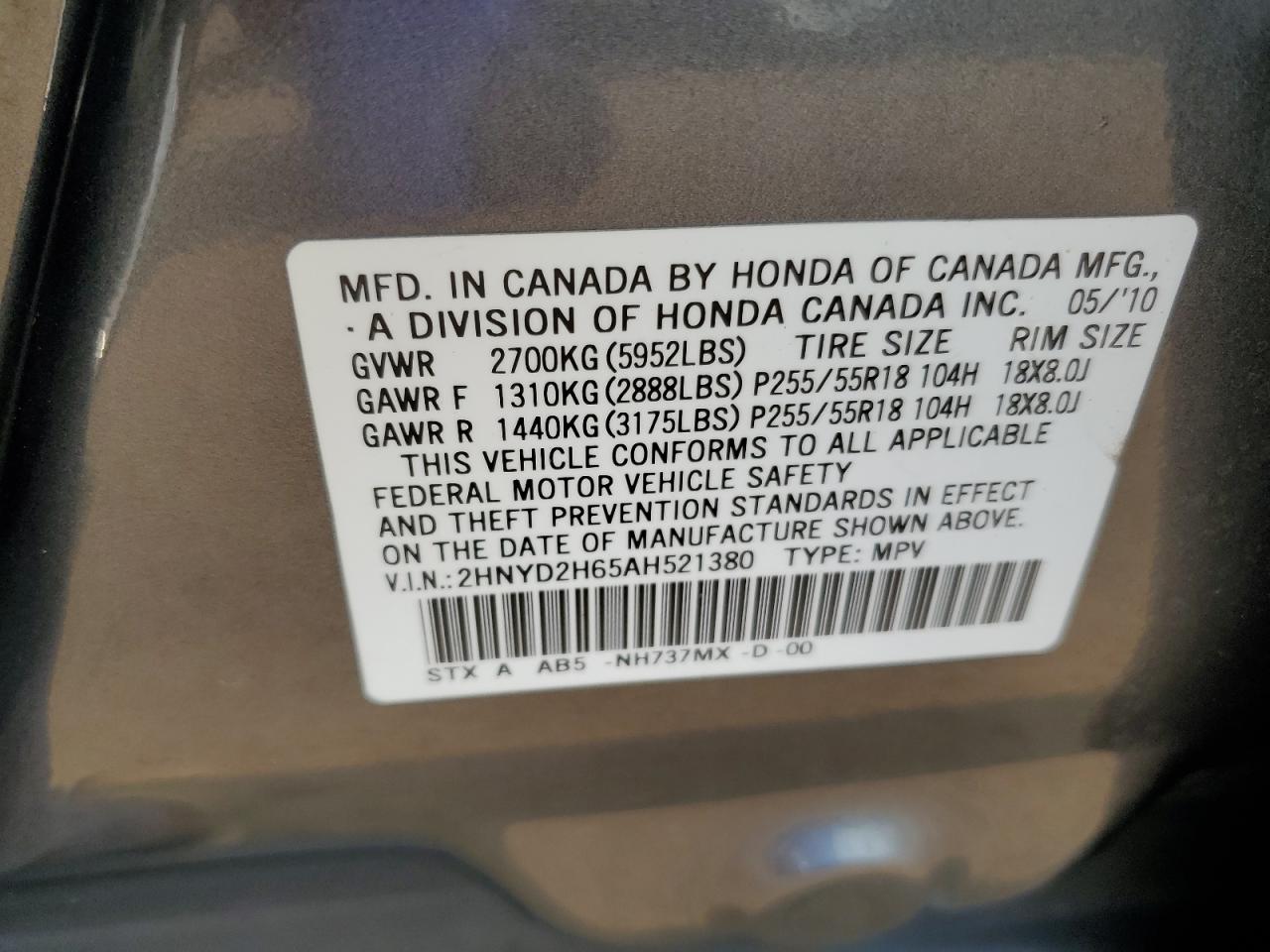 2010 Acura Mdx Technology VIN: 2HNYD2H65AH521380 Lot: 64318624