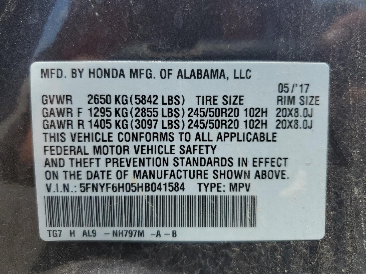 2017 Honda Pilot Elite VIN: 5FNYF6H05HB041584 Lot: 65146764