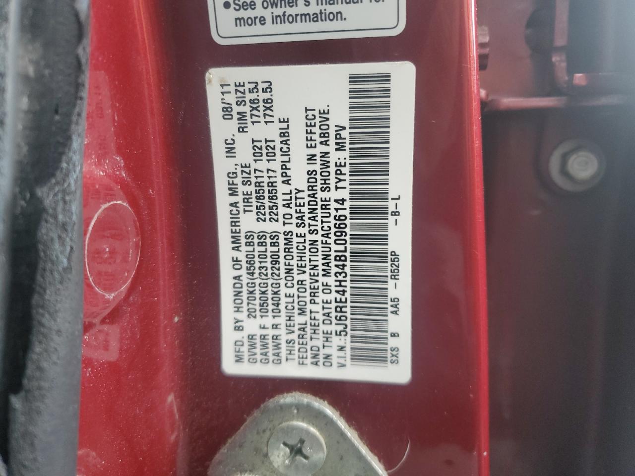 2011 Honda Cr-V Lx VIN: 5J6RE4H34BL096614 Lot: 63255384