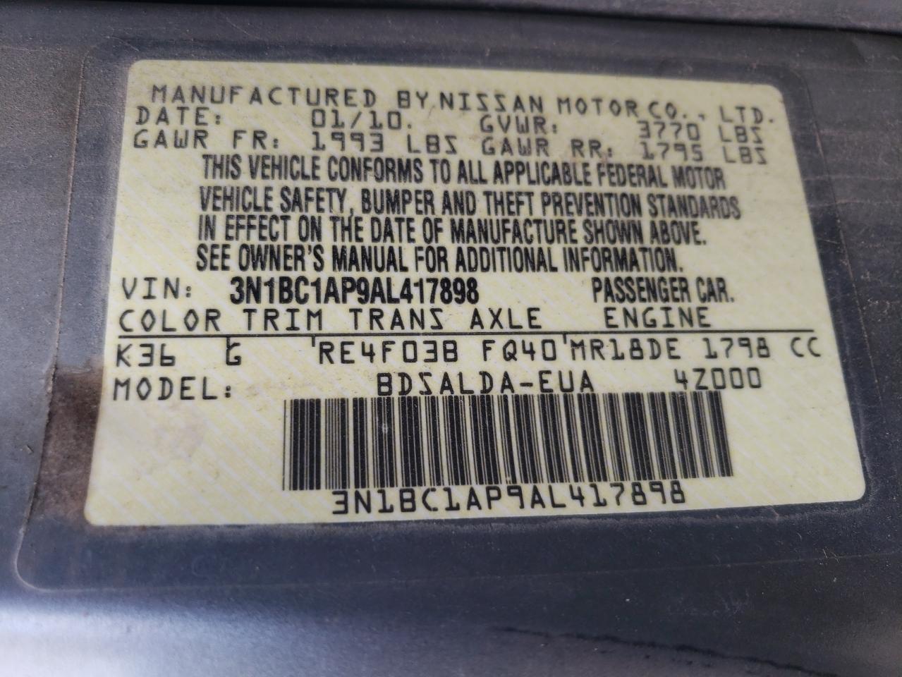 2010 Nissan Versa S VIN: 3N1BC1AP9AL417898 Lot: 63895954