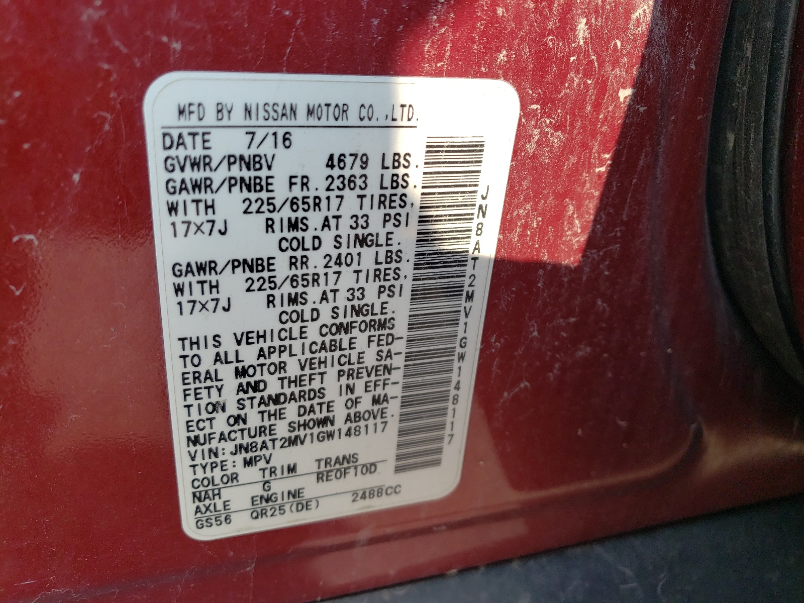 JN8AT2MV1GW148117 2016 Nissan Rogue S