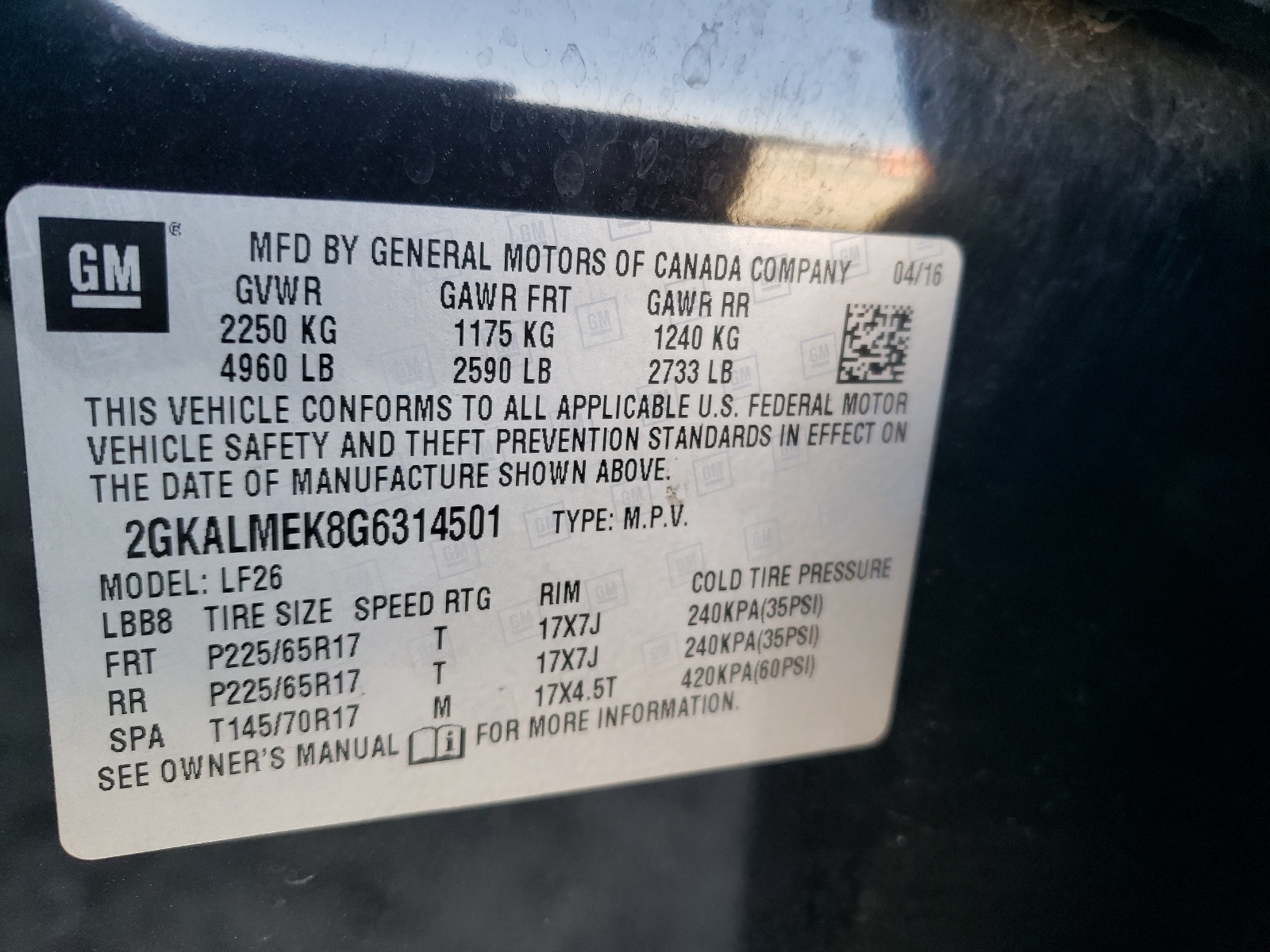 2GKALMEK8G6314501 2016 GMC Terrain Sle