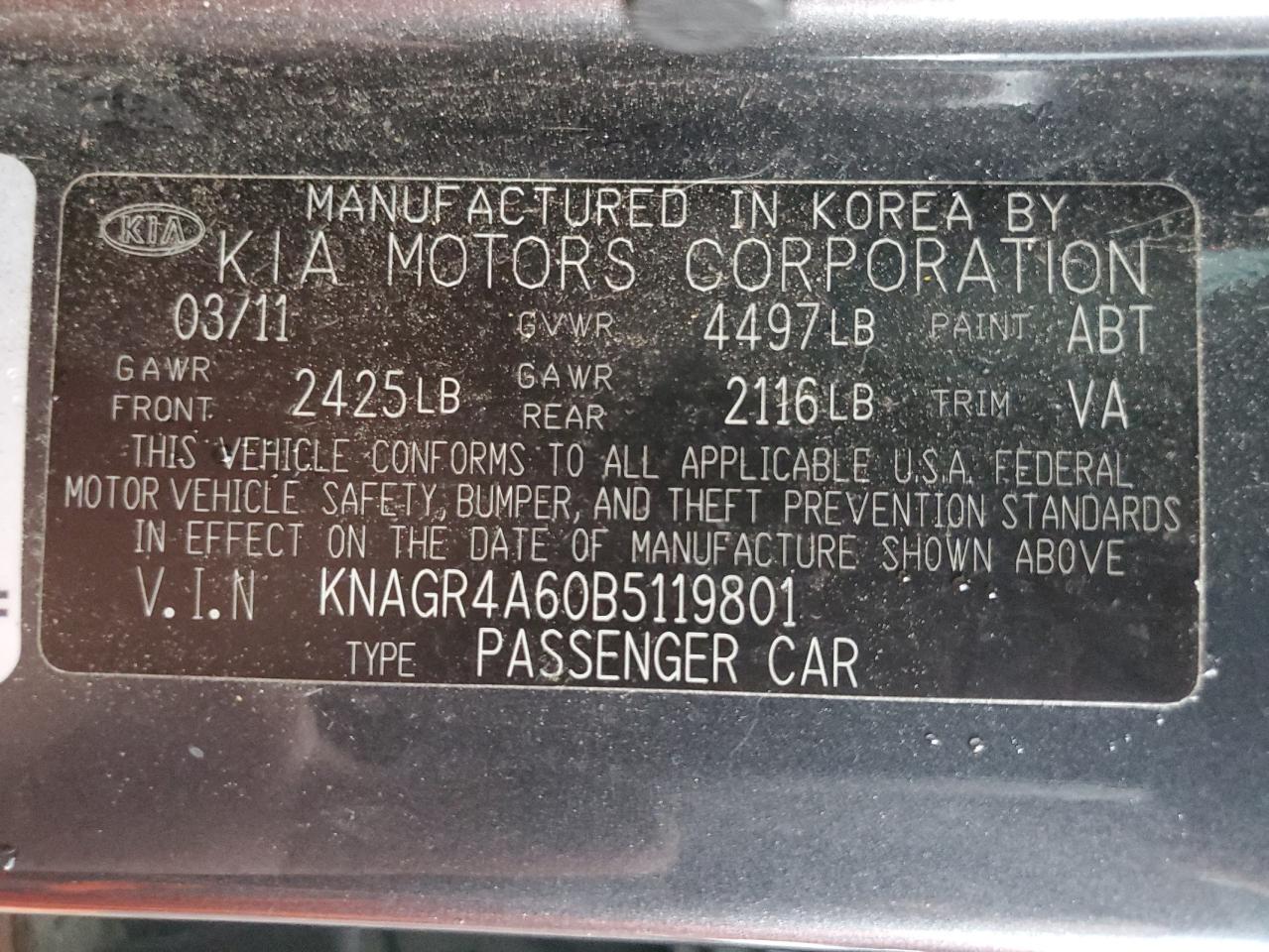 2011 Kia Optima Sx VIN: KNAGR4A60B5119801 Lot: 63844914