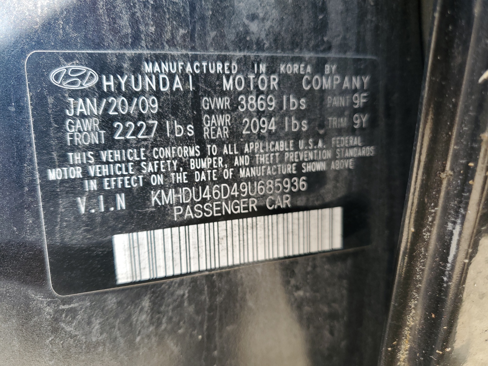 KMHDU46D49U685936 2009 Hyundai Elantra Gls
