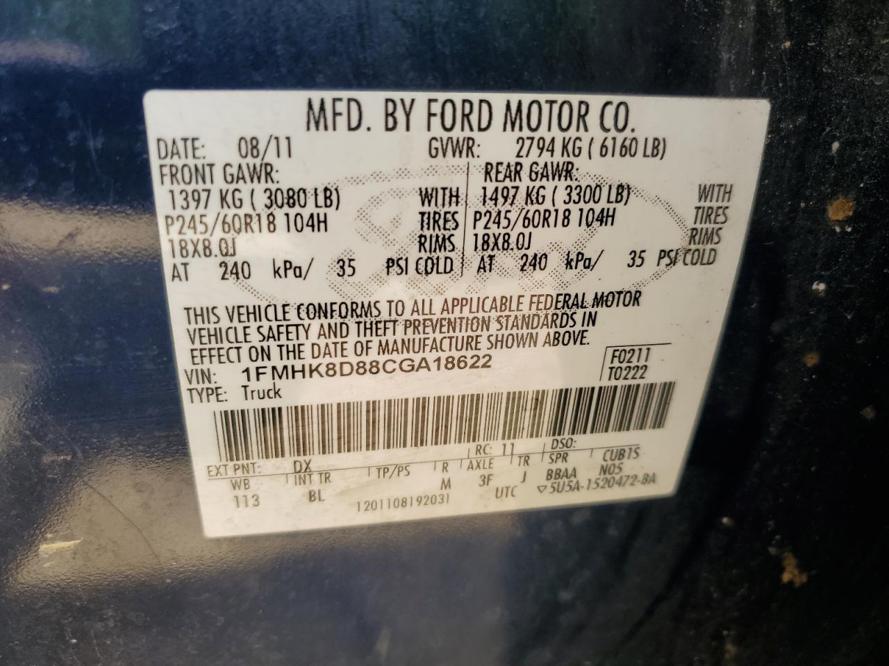 2012 Ford Explorer Xlt VIN: 1FMHK8D88CGA18622 Lot: 61383974