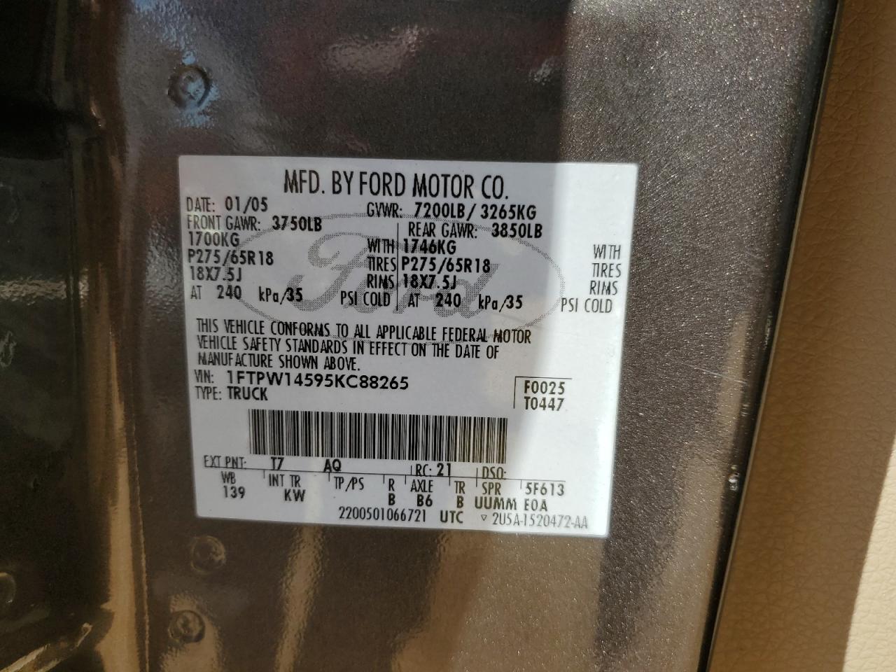 2005 Ford F150 Supercrew VIN: 1FTPW14595KC88265 Lot: 65401524