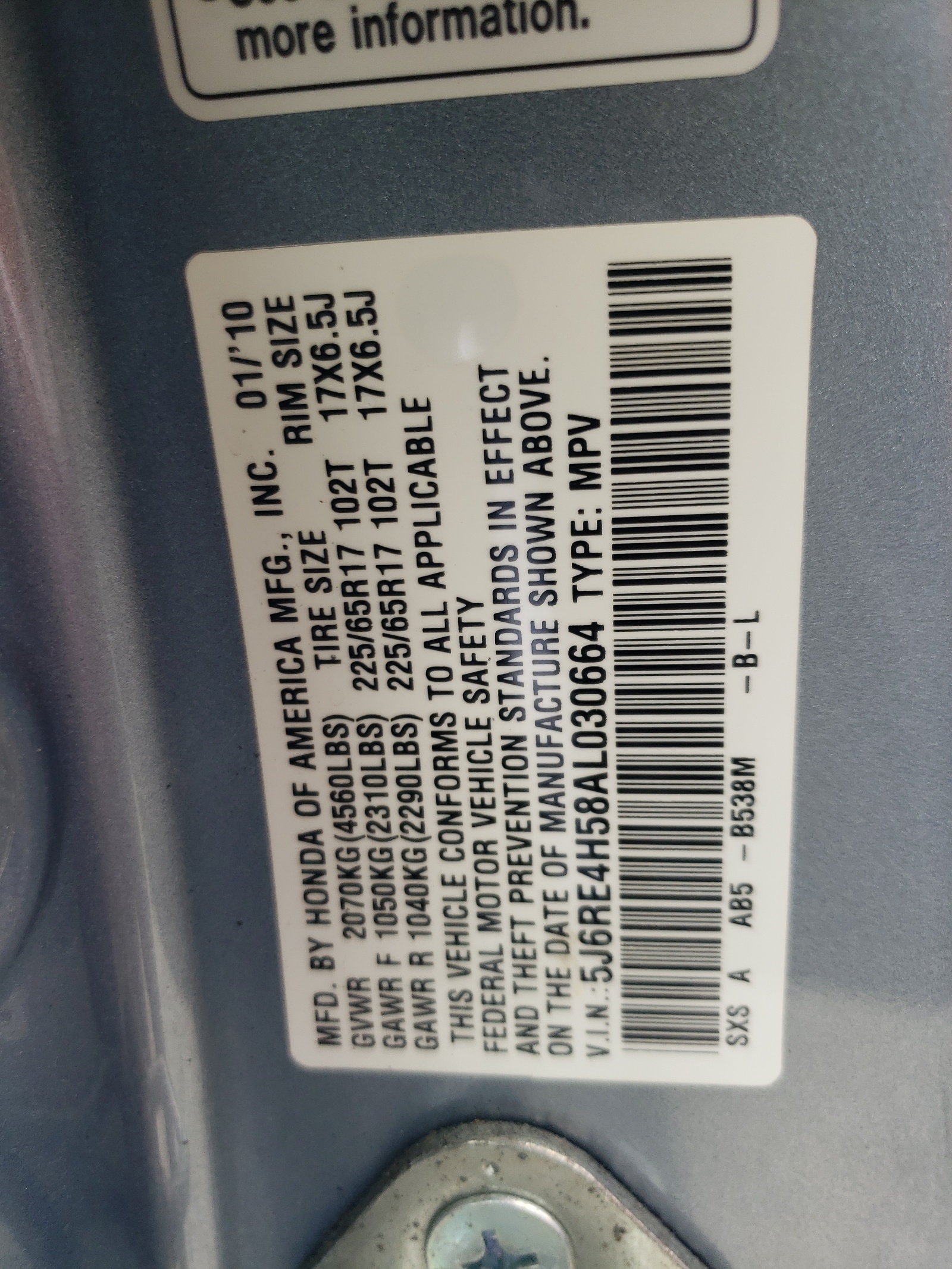 5J6RE4H58AL030664 2010 Honda Cr-V Ex