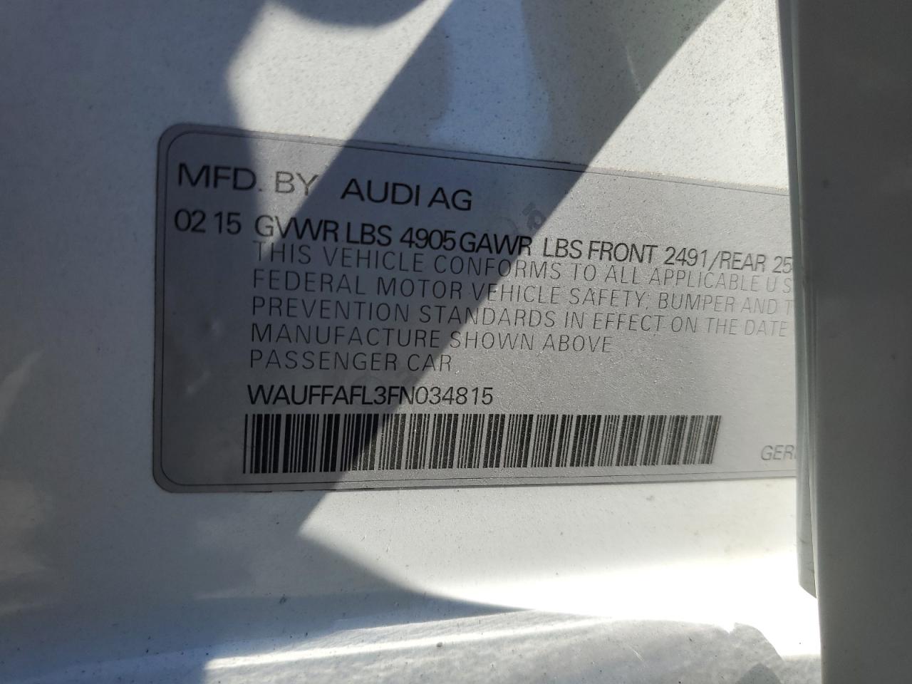 2015 Audi A4 Premium Plus VIN: WAUFFAFL3FN034815 Lot: 61734824