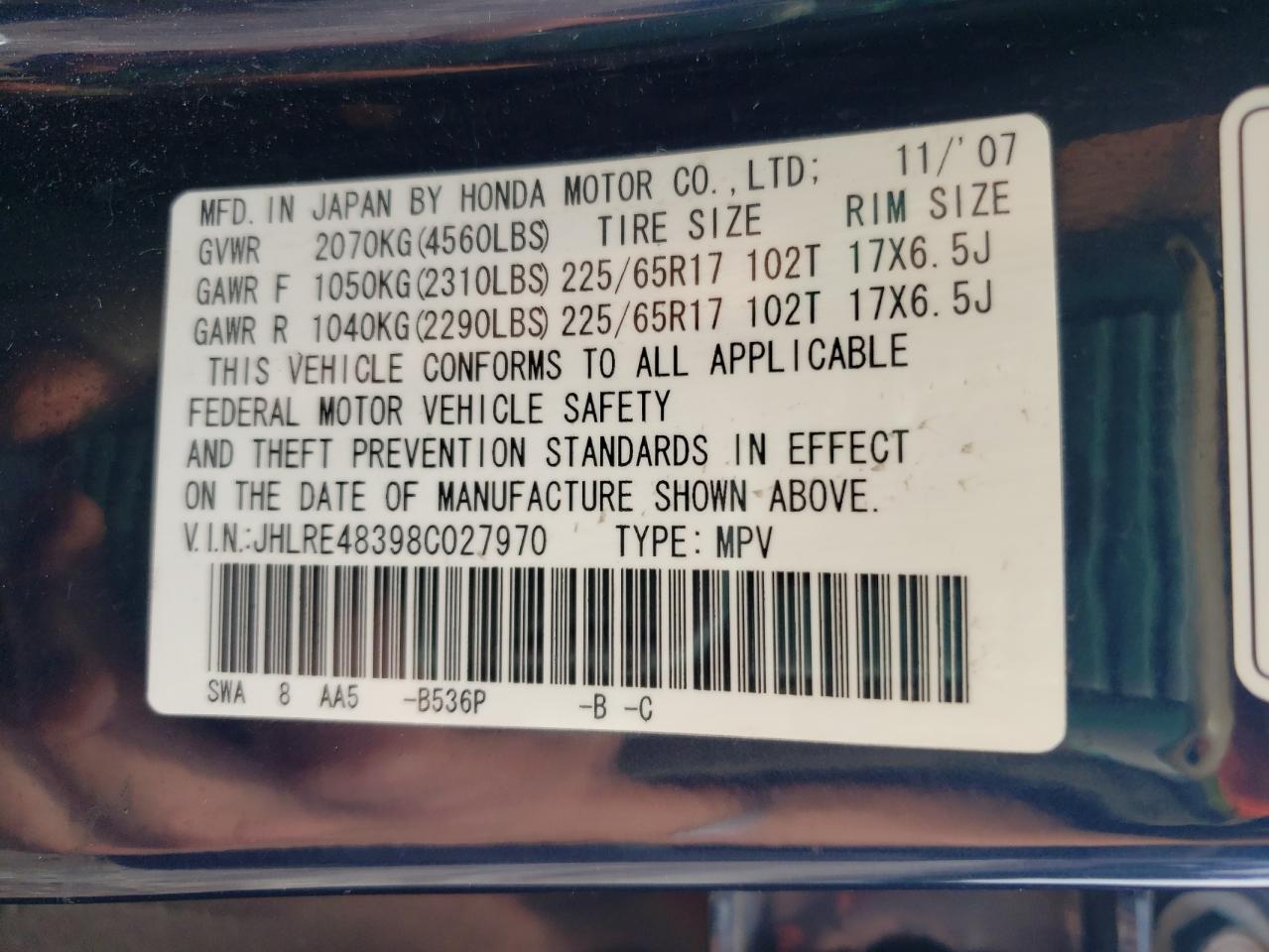 2008 Honda Cr-V Lx VIN: JHLRE48398C027970 Lot: 62479294