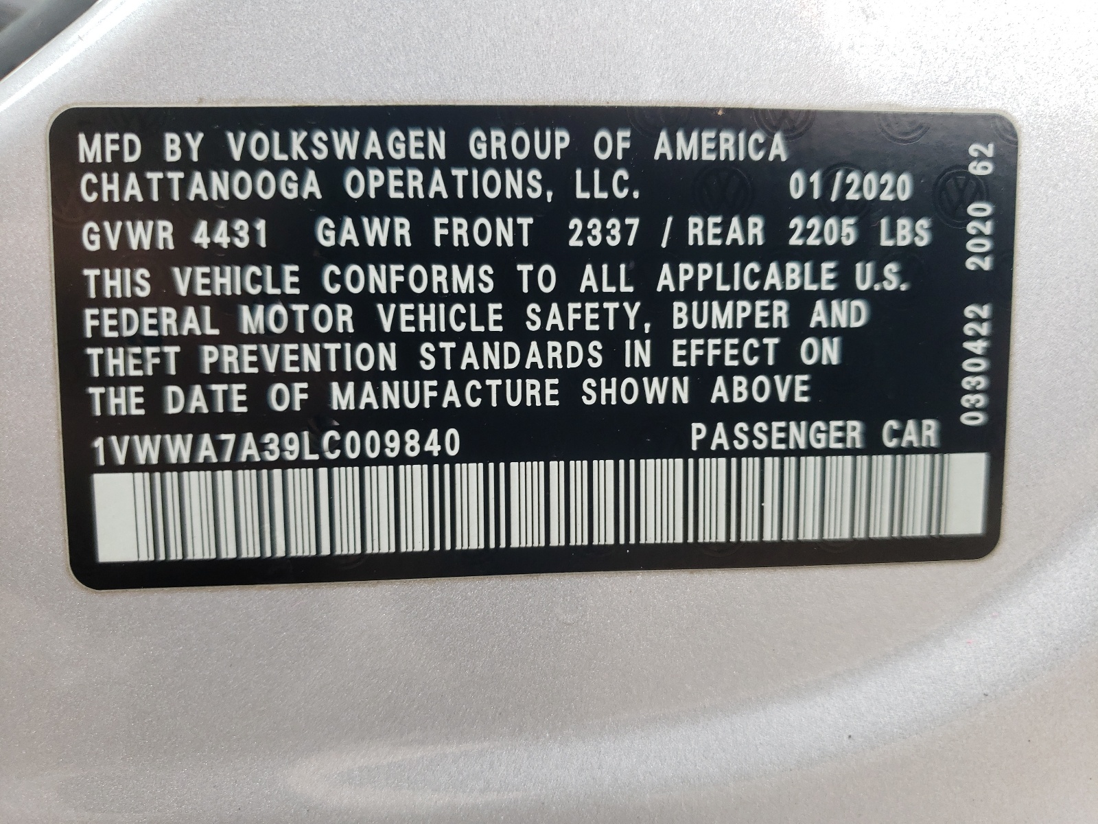 1VWWA7A39LC009840 2020 Volkswagen Passat Se
