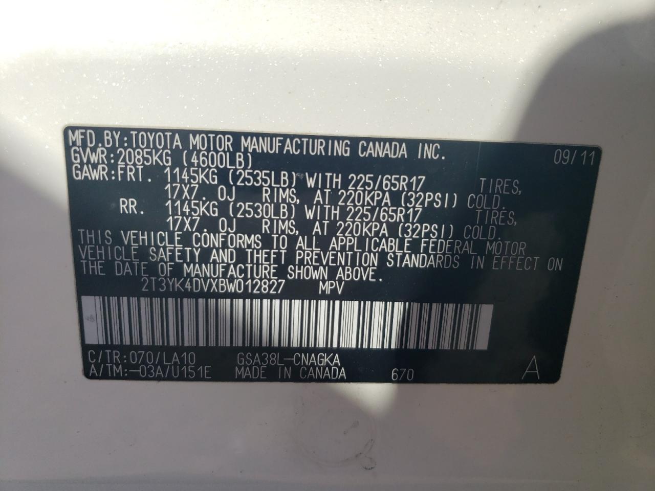 2011 Toyota Rav4 Limited VIN: 2T3YK4DVXBW012827 Lot: 64064674