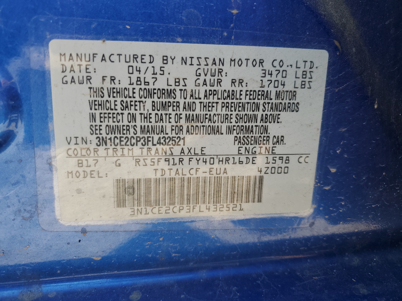 3N1CE2CP3FL432521 2015 Nissan Versa Note S