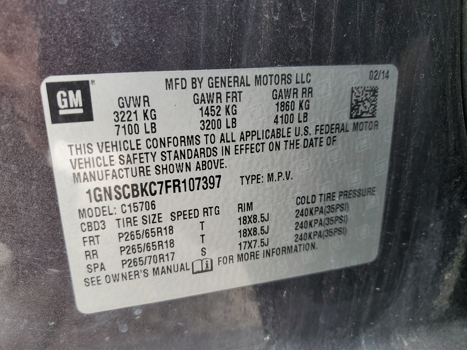 1GNSCBKC7FR107397 2015 Chevrolet Tahoe C1500 Lt