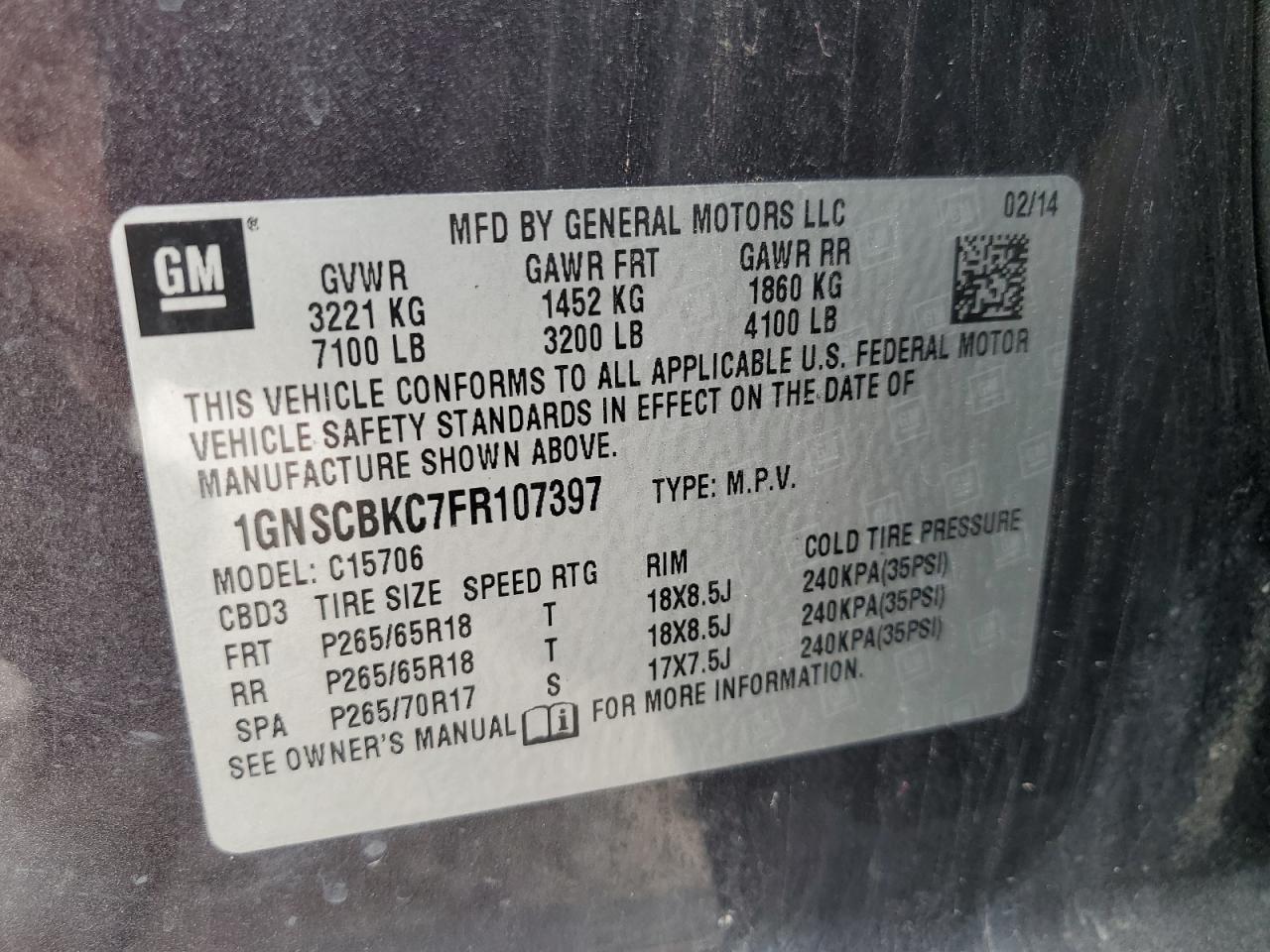 2015 Chevrolet Tahoe C1500 Lt VIN: 1GNSCBKC7FR107397 Lot: 64841354