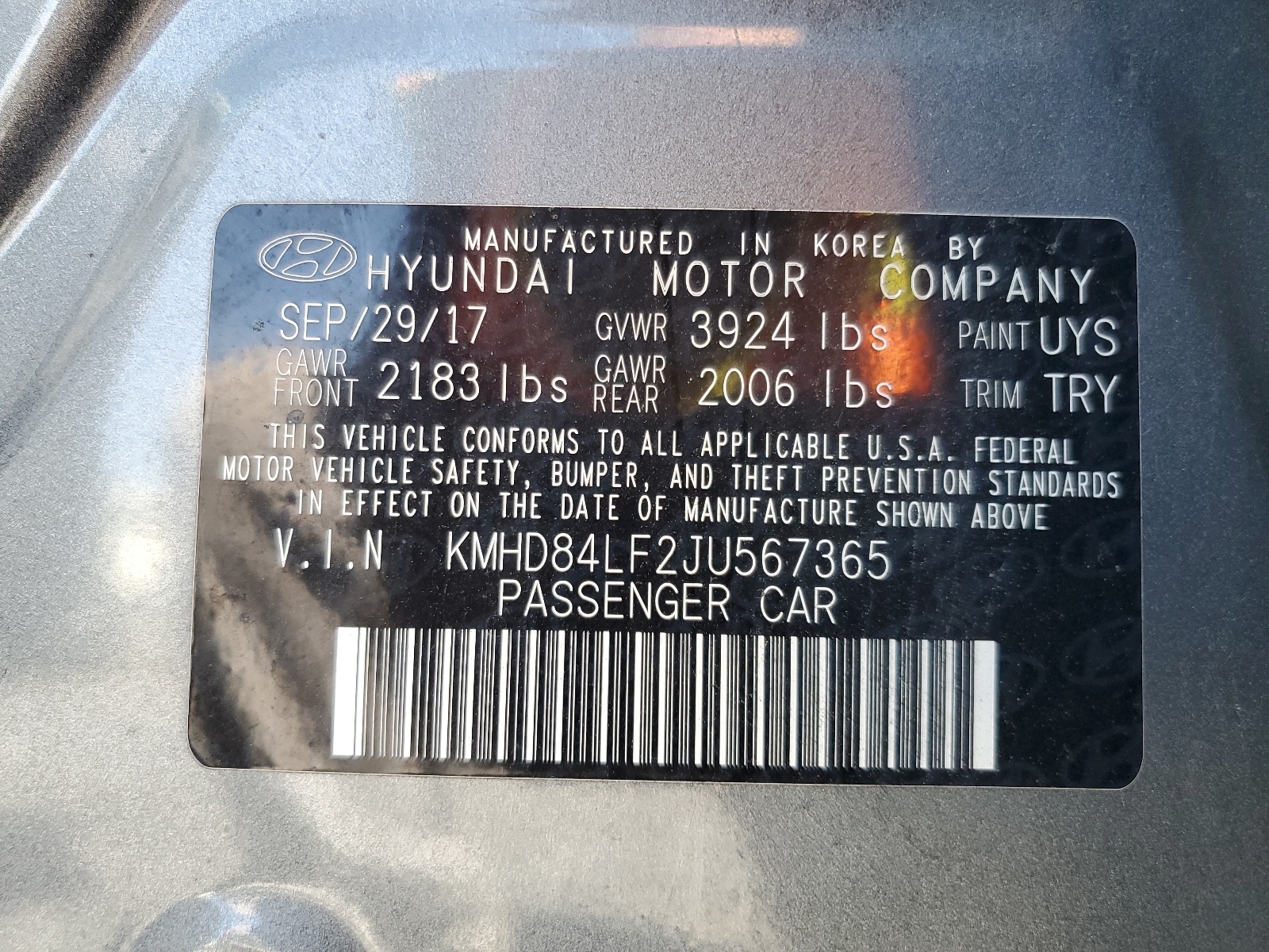 KMHD84LF2JU567365 2018 Hyundai Elantra Sel