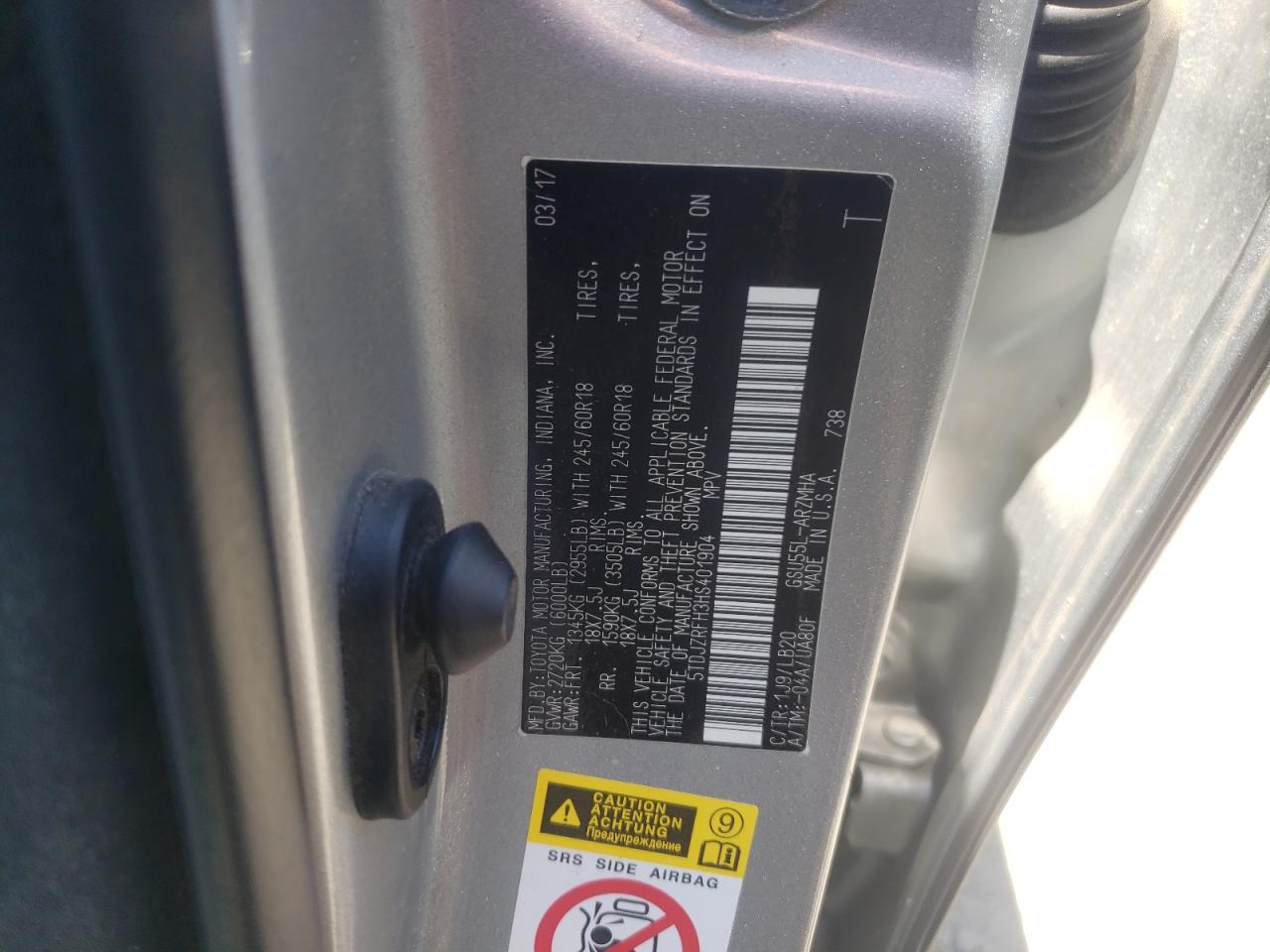 2017 Toyota Highlander Se VIN: 5TDJZRFH3HS401904 Lot: 63564684