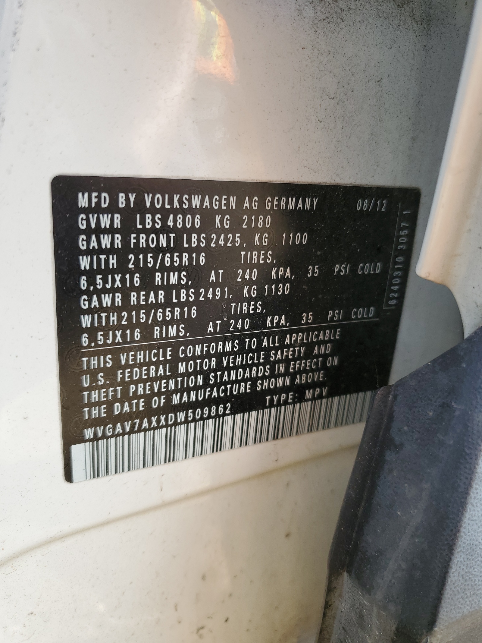 WVGAV7AXXDW509862 2013 Volkswagen Tiguan S