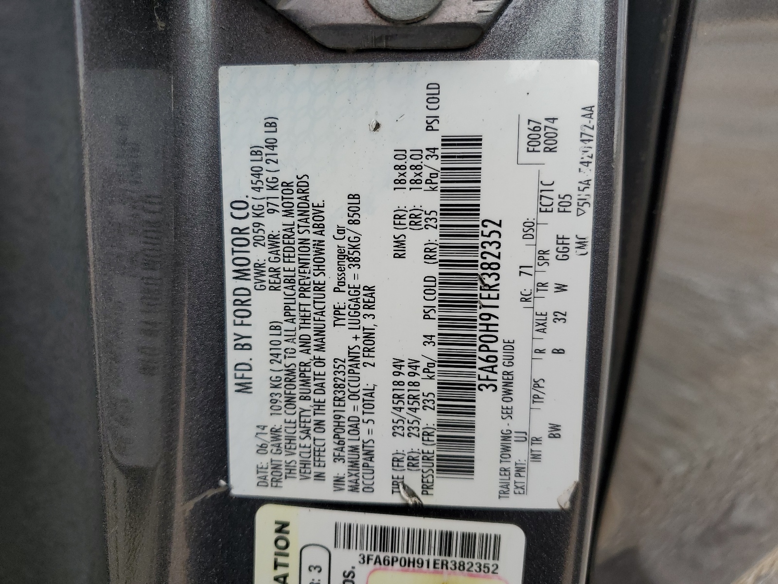3FA6P0H91ER382352 2014 Ford Fusion Se