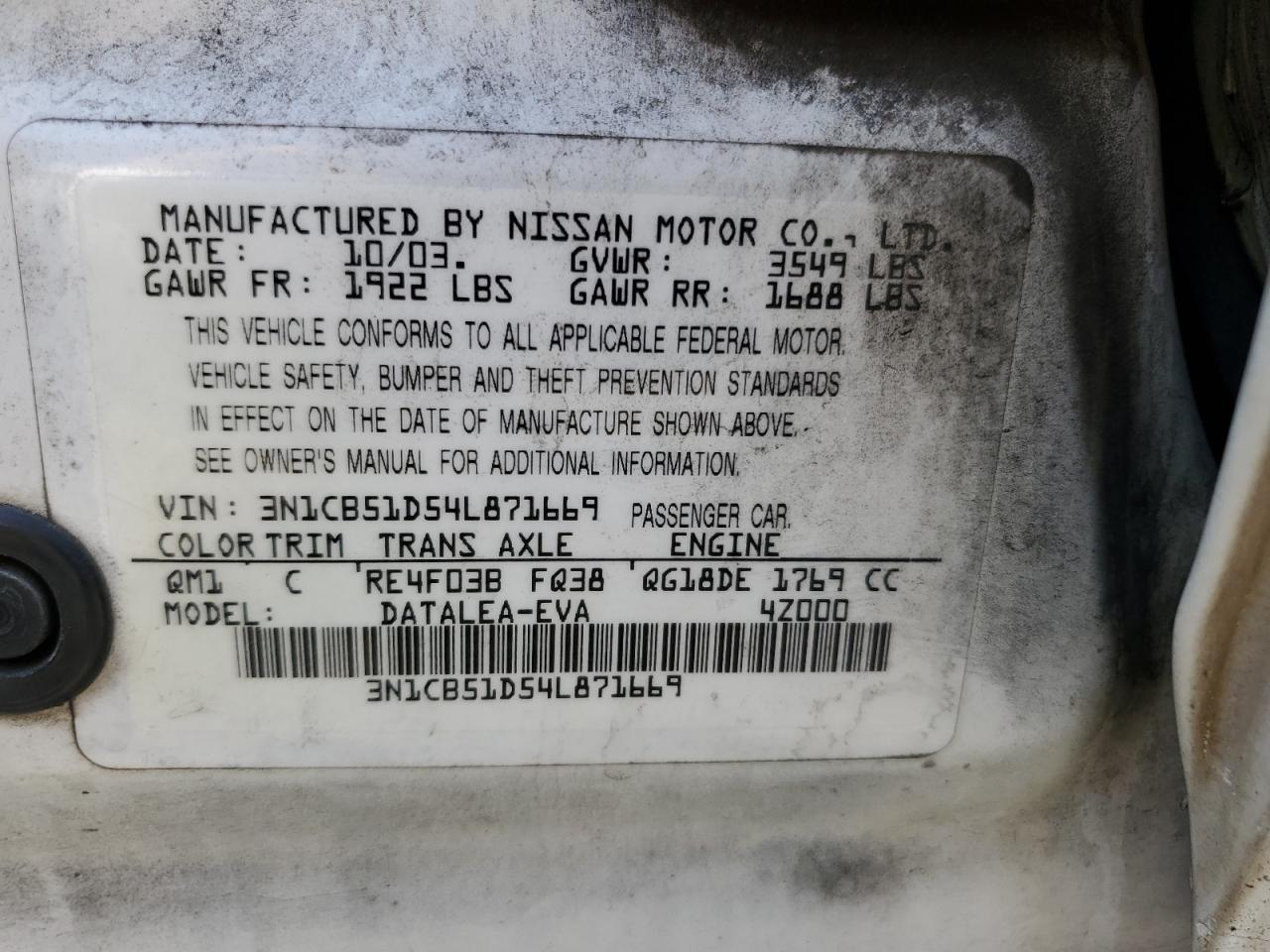 3N1CB51D54L871669 2004 Nissan Sentra 1.8