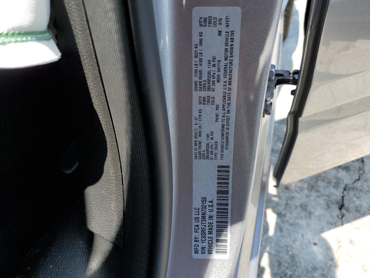 2021 Ram 1500 Laramie VIN: 1C6SRFJT3MN732150 Lot: 65281964