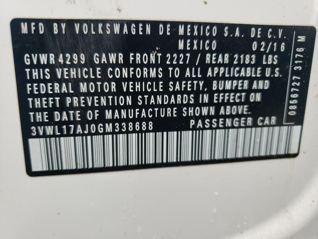 2016 Volkswagen Jetta Sel VIN: 3VWL17AJ0GM338688 Lot: 62223734