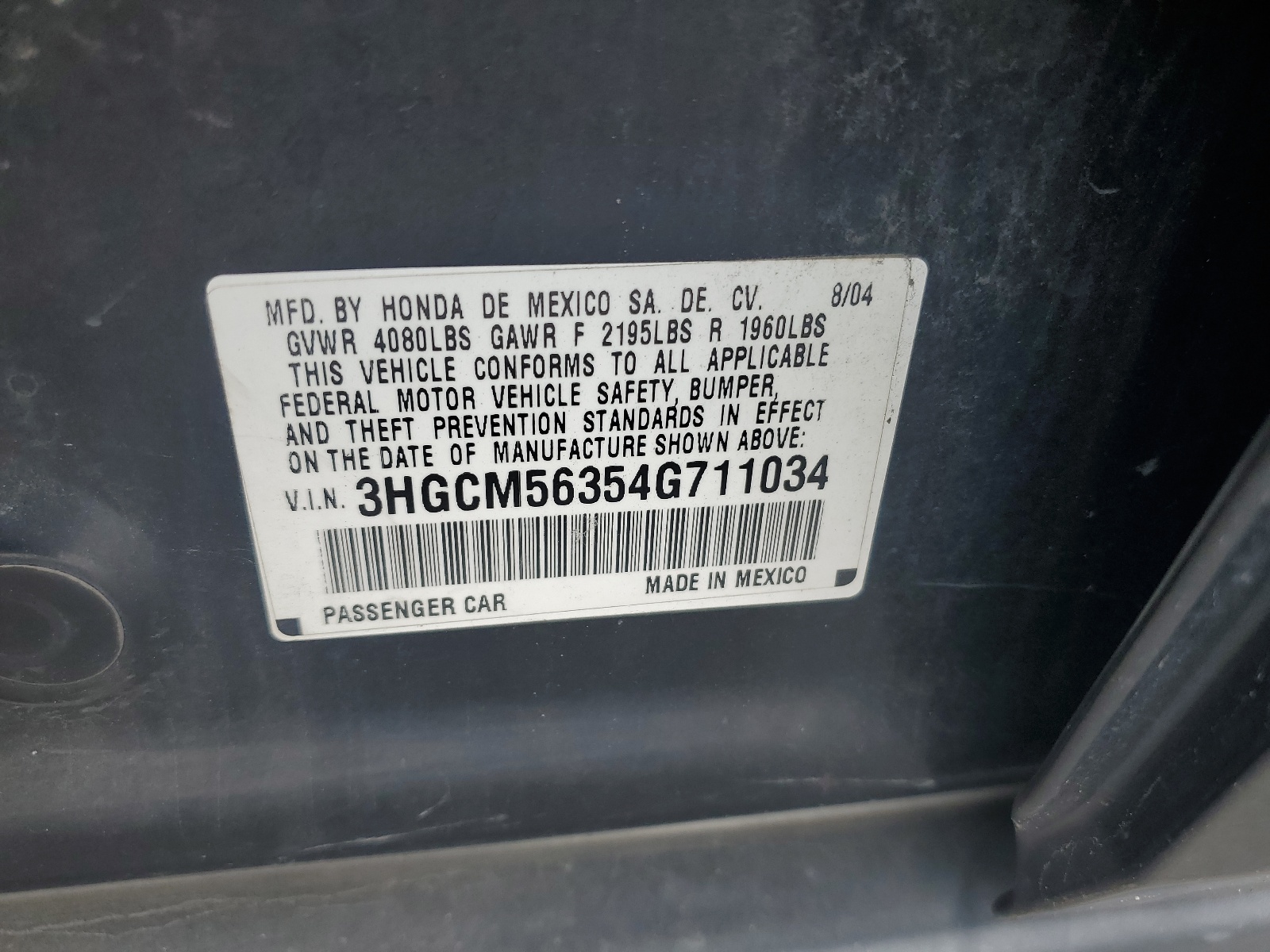 3HGCM56354G711034 2004 Honda Accord Lx