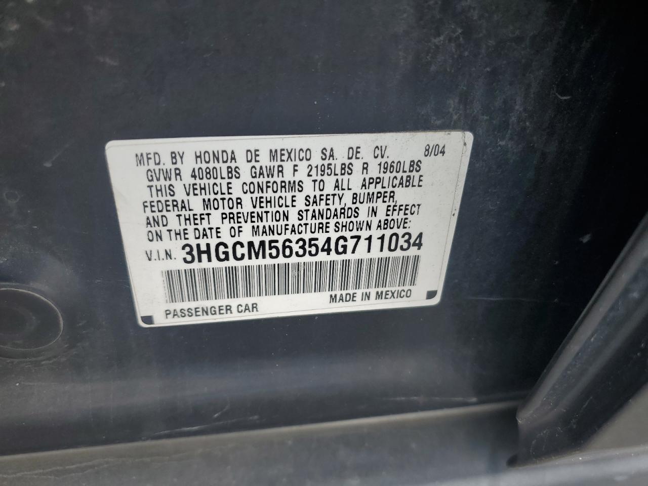 2004 Honda Accord Lx VIN: 3HGCM56354G711034 Lot: 64390104