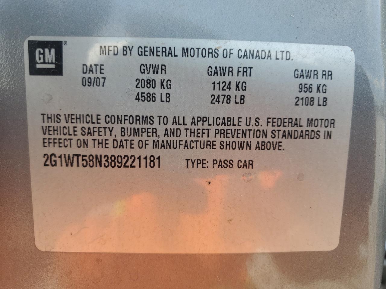 2008 Chevrolet Impala Lt VIN: 2G1WT58N389221181 Lot: 63804824