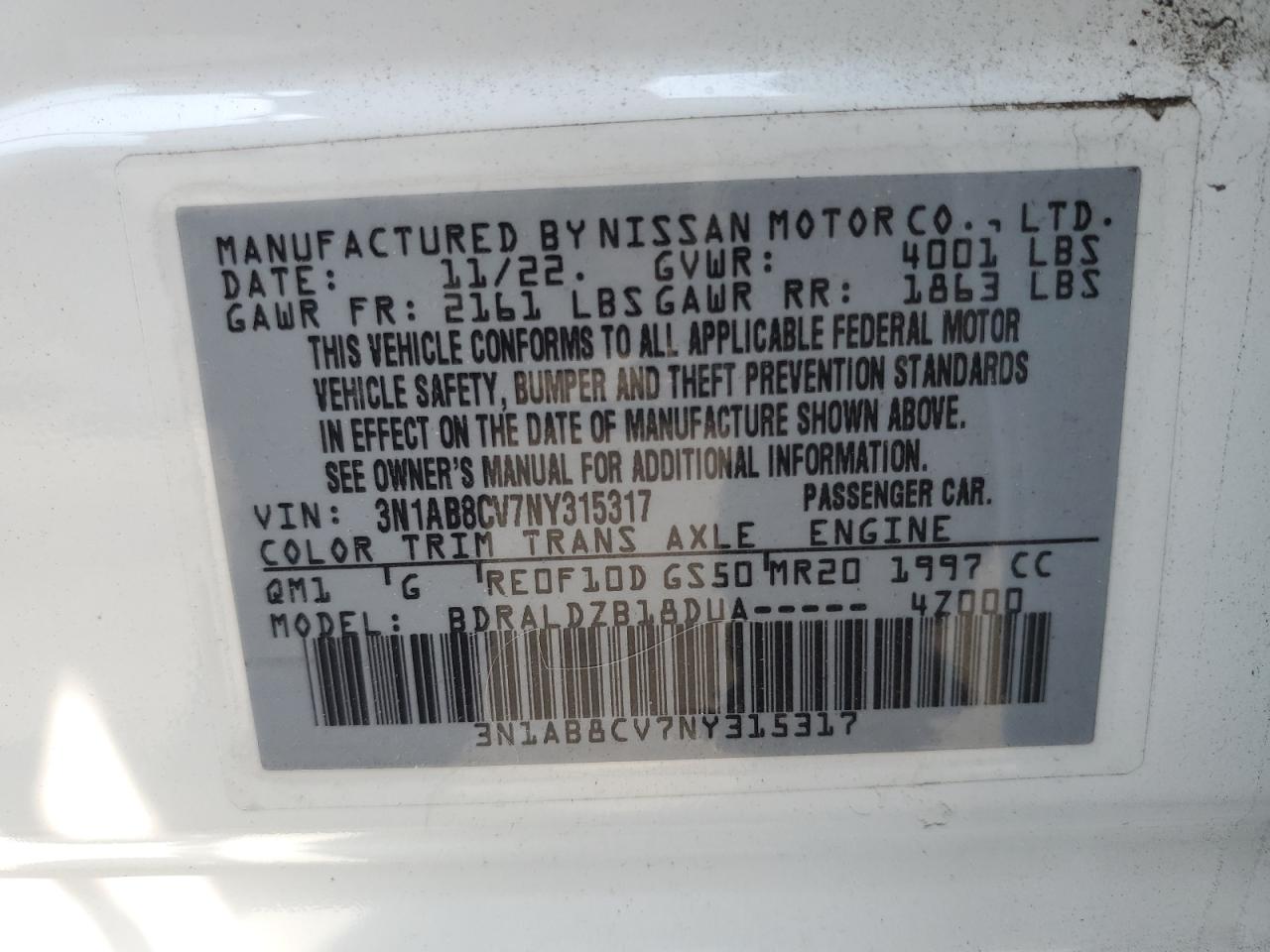 2022 Nissan Sentra Sv VIN: 3N1AB8CV7NY315317 Lot: 63220114