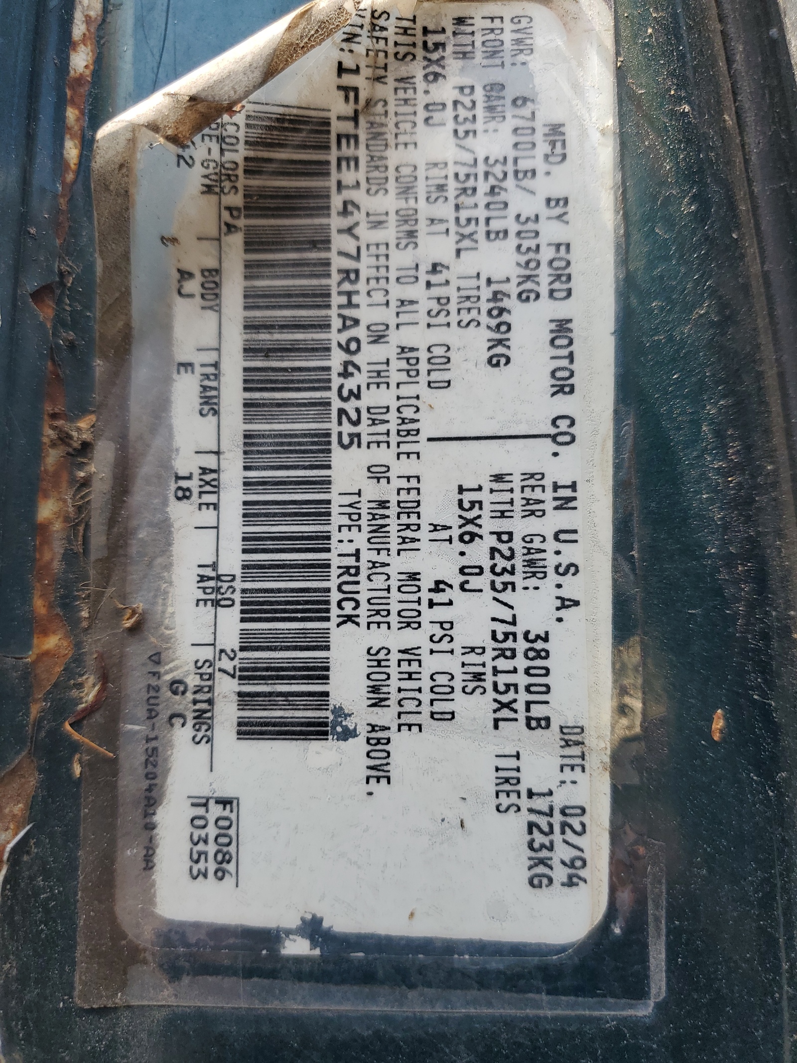 1FTEE14Y7RHA94325 1994 Ford Econoline E150 Van