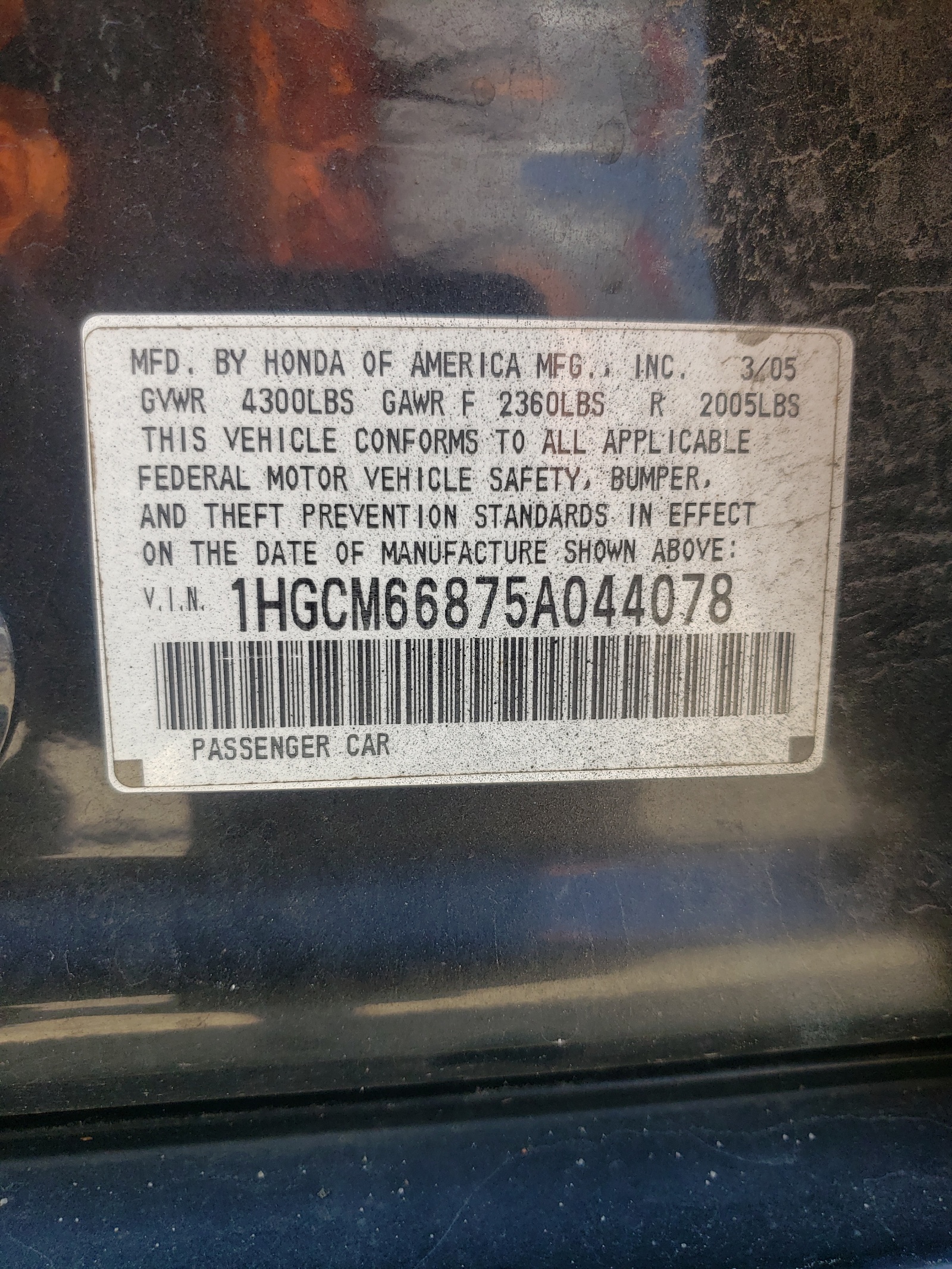 1HGCM66875A044078 2005 Honda Accord Ex