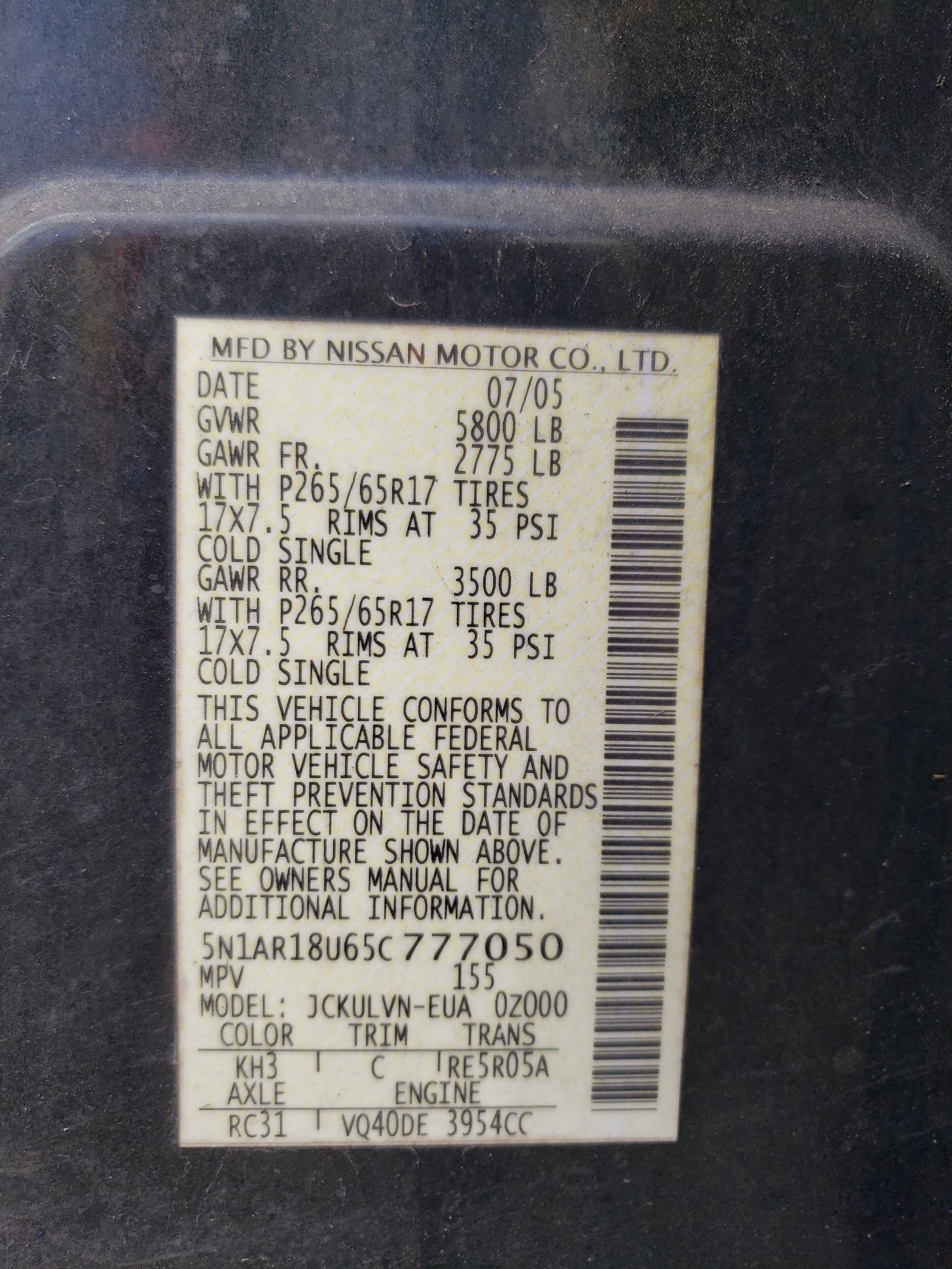 5N1AR18U65C777050 2005 Nissan Pathfinder Le