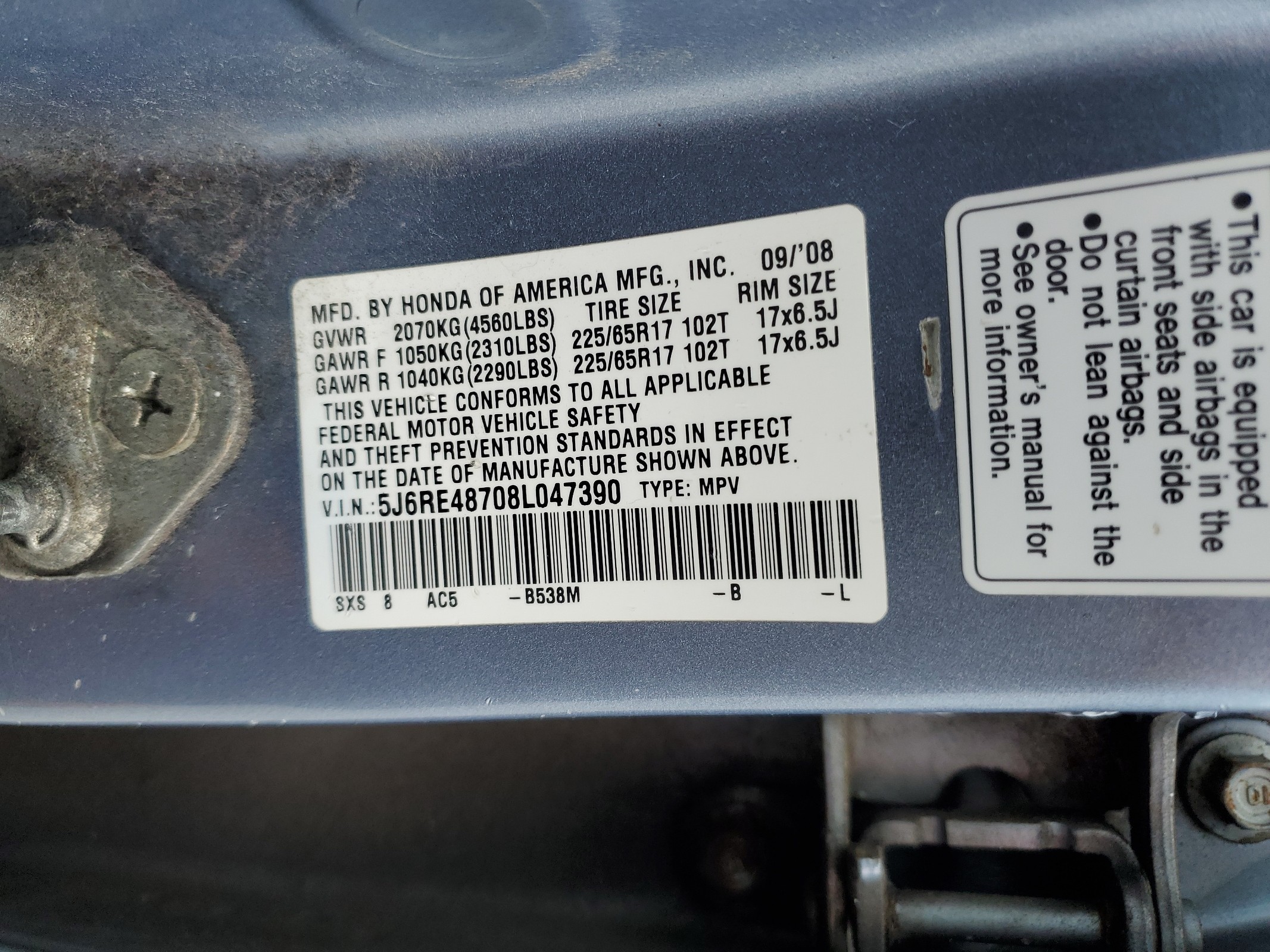 5J6RE48708L047390 2008 Honda Cr-V Exl