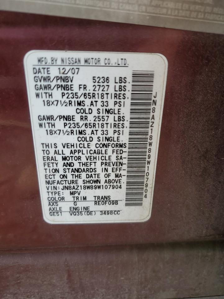 2009 Nissan Murano S VIN: JN8AZ18W89W107904 Lot: 62302144