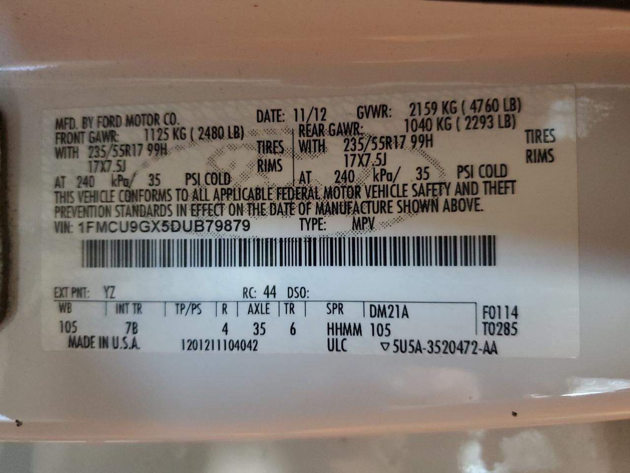 2013 Ford Escape Se VIN: 1FMCU9GX5DUB79879 Lot: 65181664