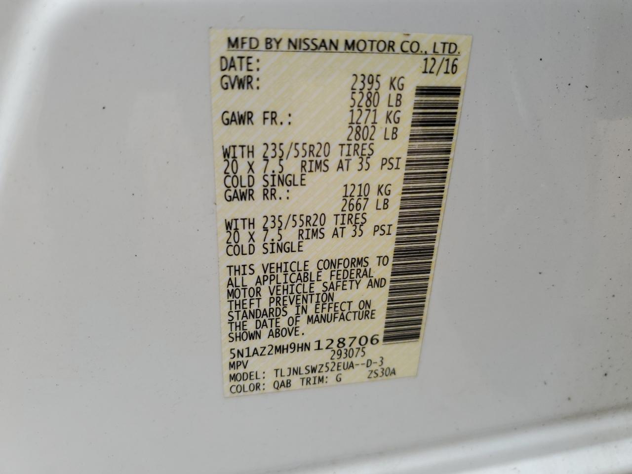 2017 Nissan Murano S VIN: 5N1AZ2MH9HN128706 Lot: 63416364