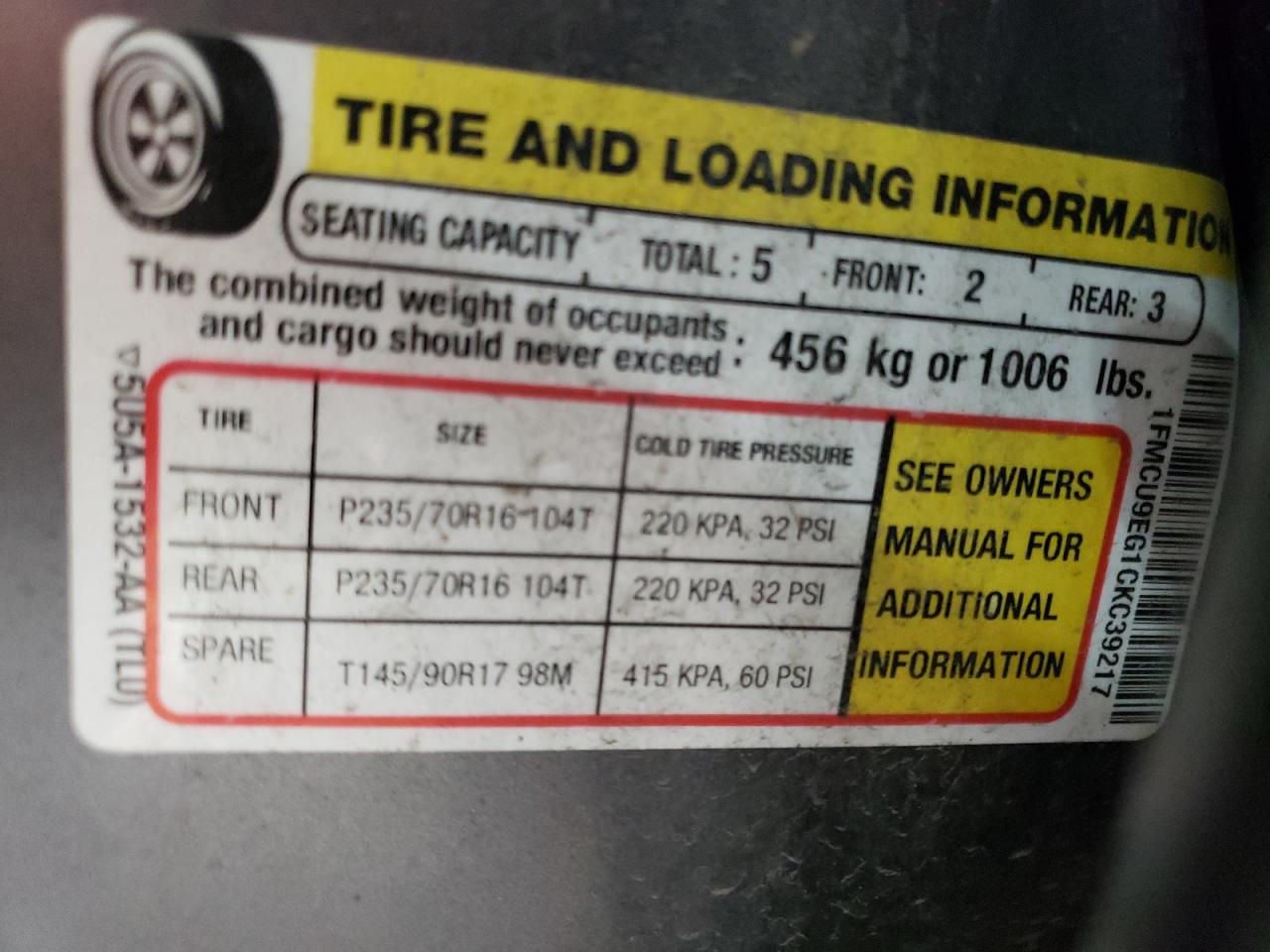 2012 Ford Escape Limited VIN: 1FMCU9EG1CKC39217 Lot: 64950754