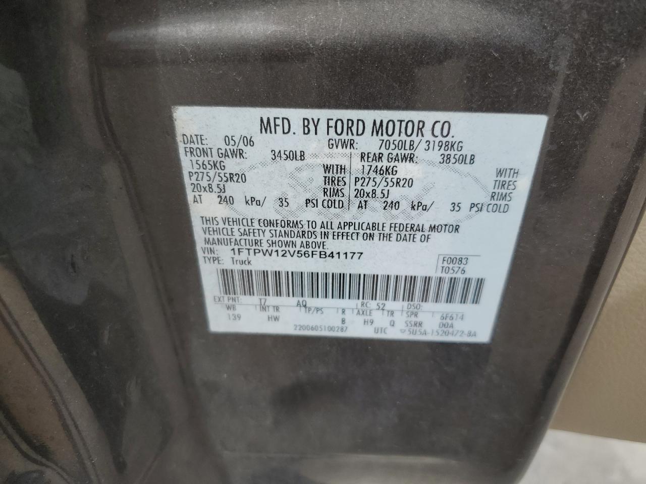 2006 Ford F150 Supercrew VIN: 1FTPW12V56FB41177 Lot: 62606624