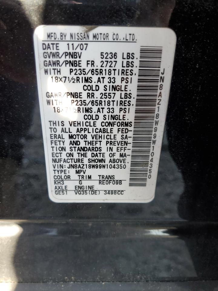 2009 Nissan Murano S VIN: JN8AZ18W99W104350 Lot: 64718334