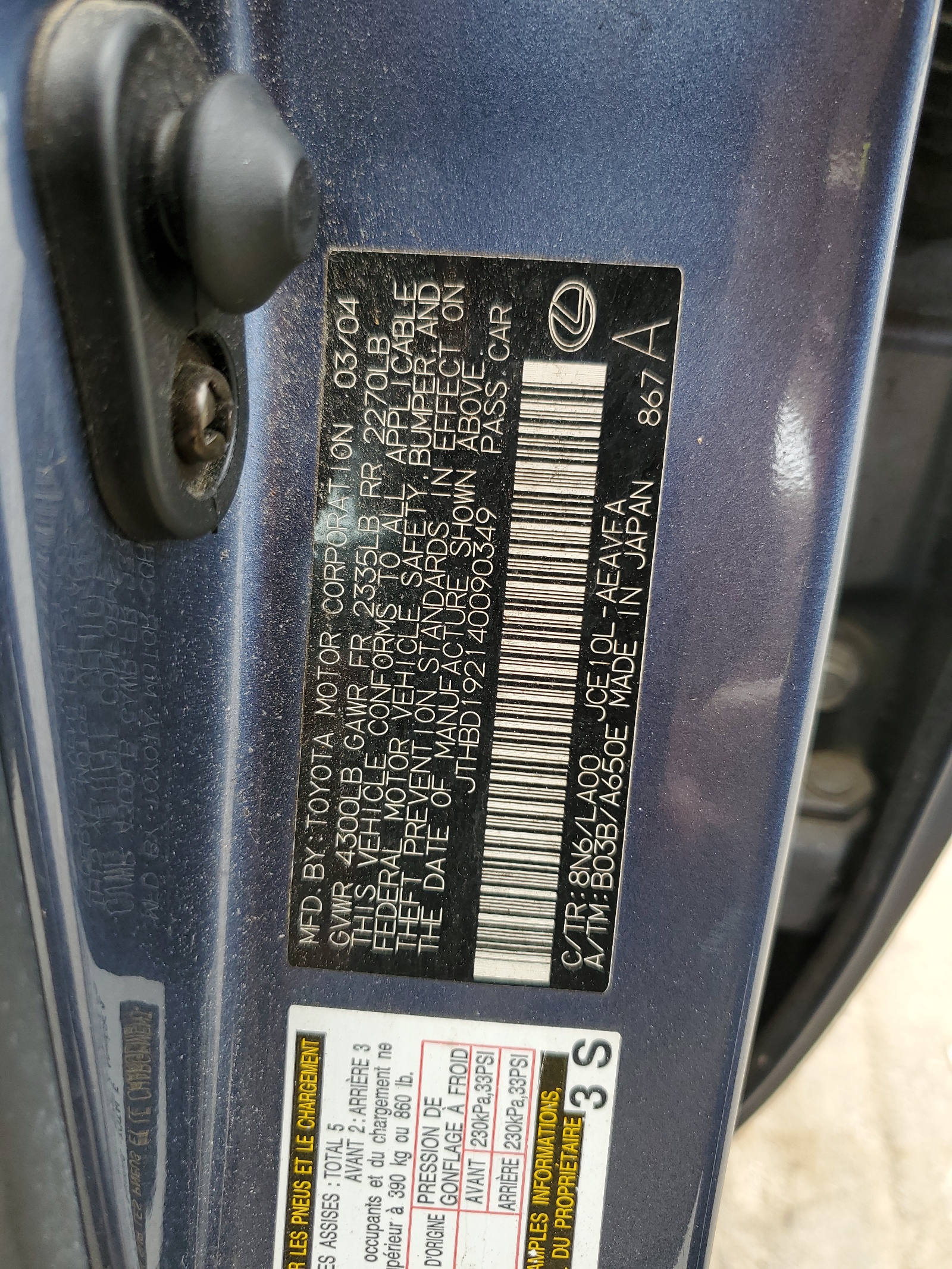 JTHBD192140090349 2004 Lexus Is 300