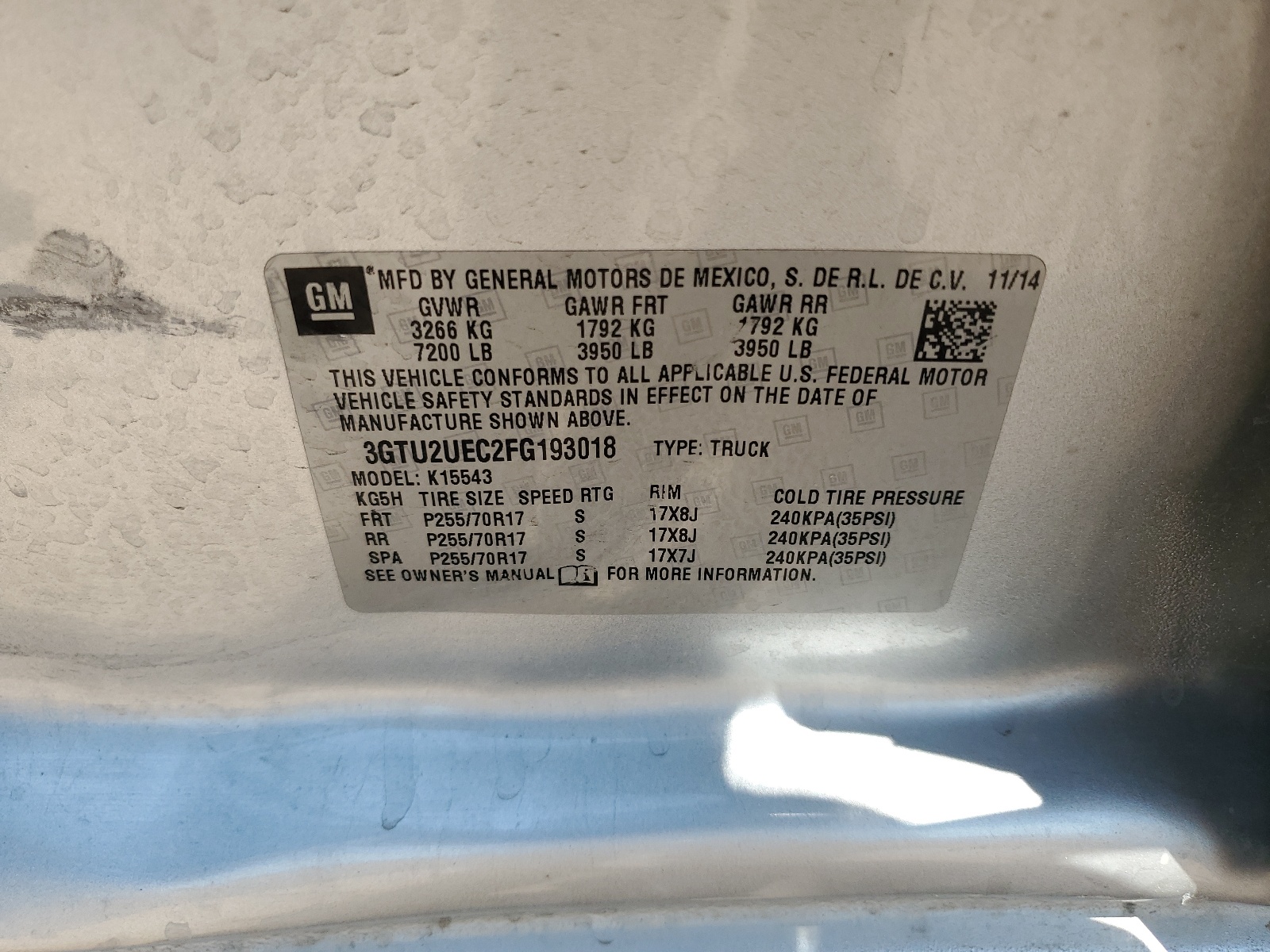 3GTU2UEC2FG193018 2015 GMC Sierra K1500 Sle