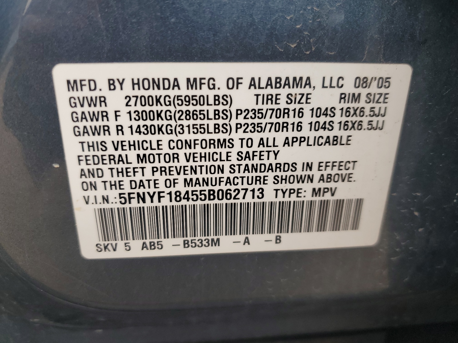 5FNYF18455B062713 2005 Honda Pilot Ex
