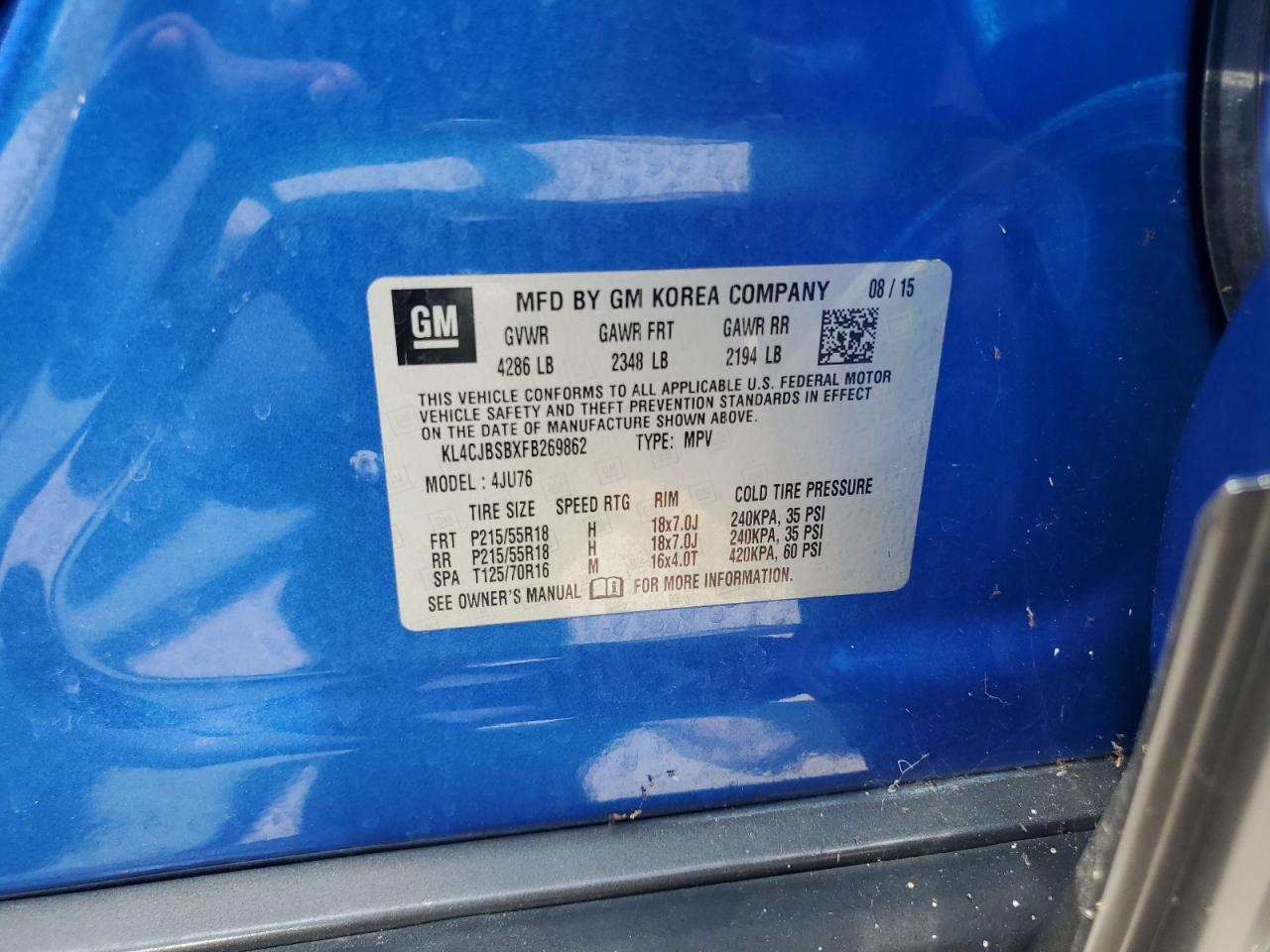 2015 Buick Encore Convenience VIN: KL4CJBSBXFB269862 Lot: 64152004