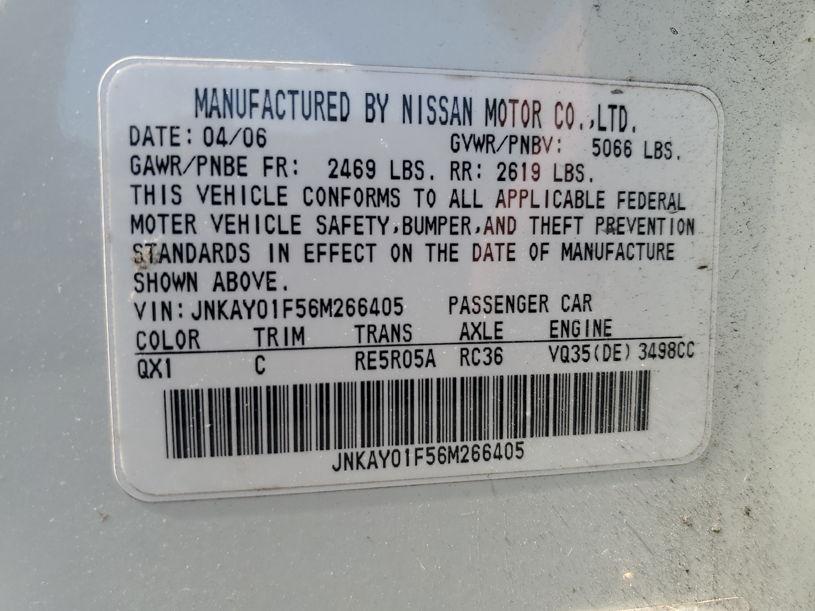 JNKAY01F56M266405 2006 Infiniti M35 Base