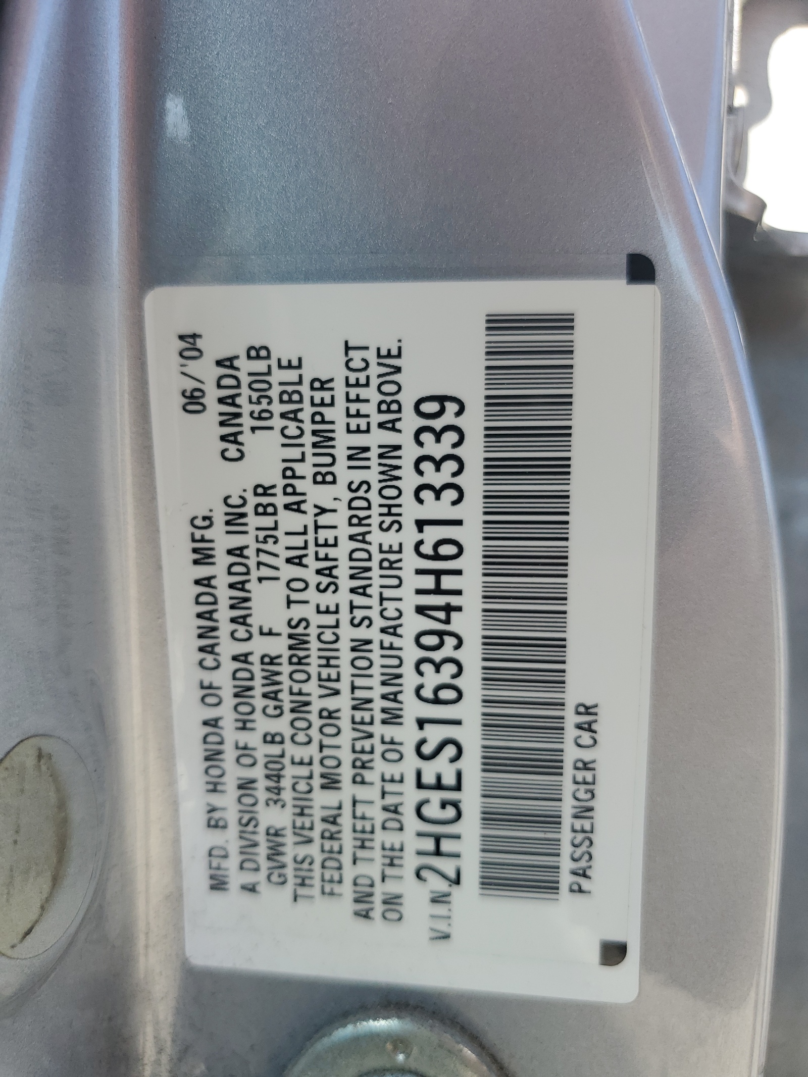 2HGES16394H613339 2004 Honda Civic Dx Vp