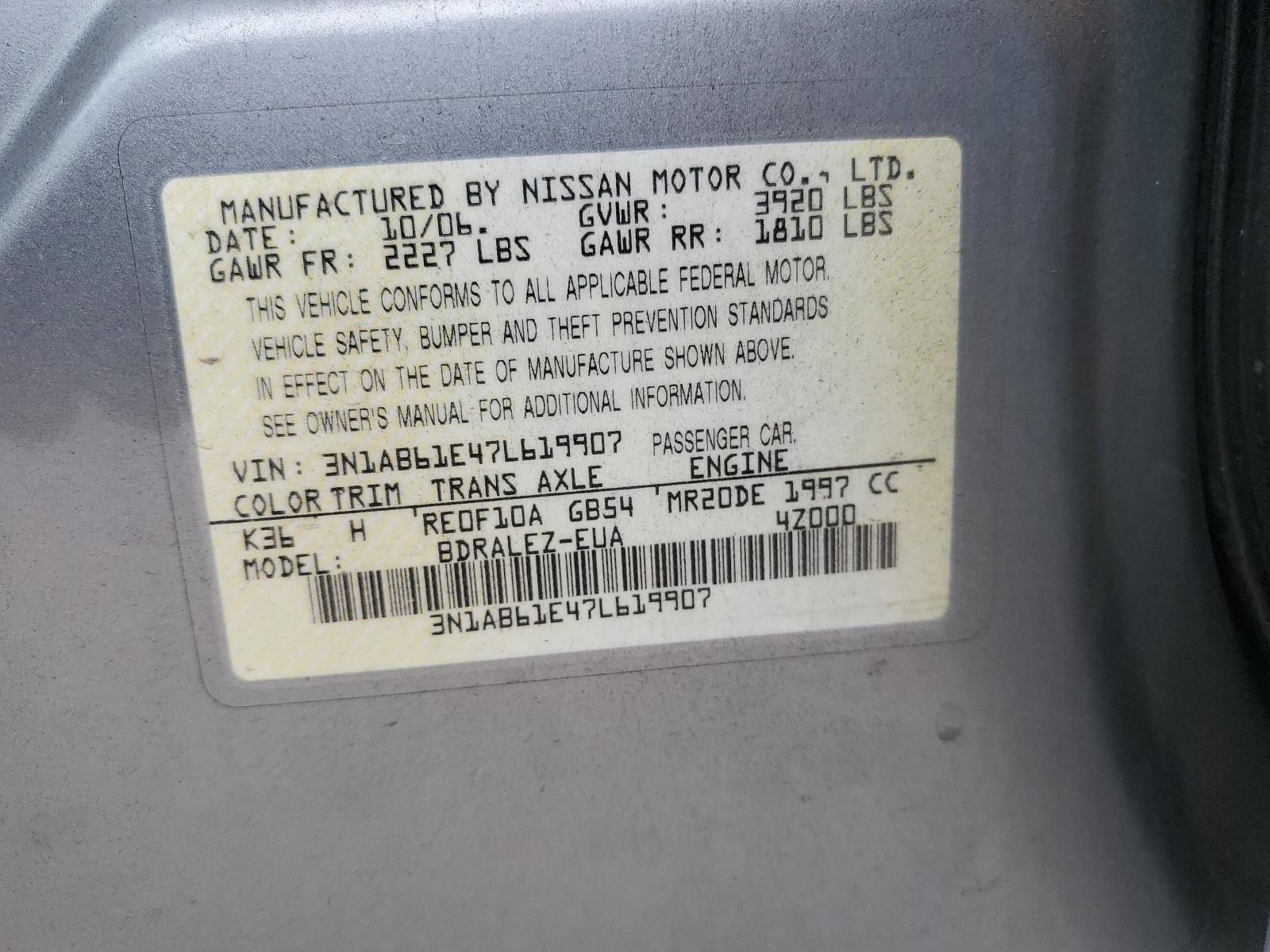 3N1AB61E47L619907 2007 Nissan Sentra 2.0