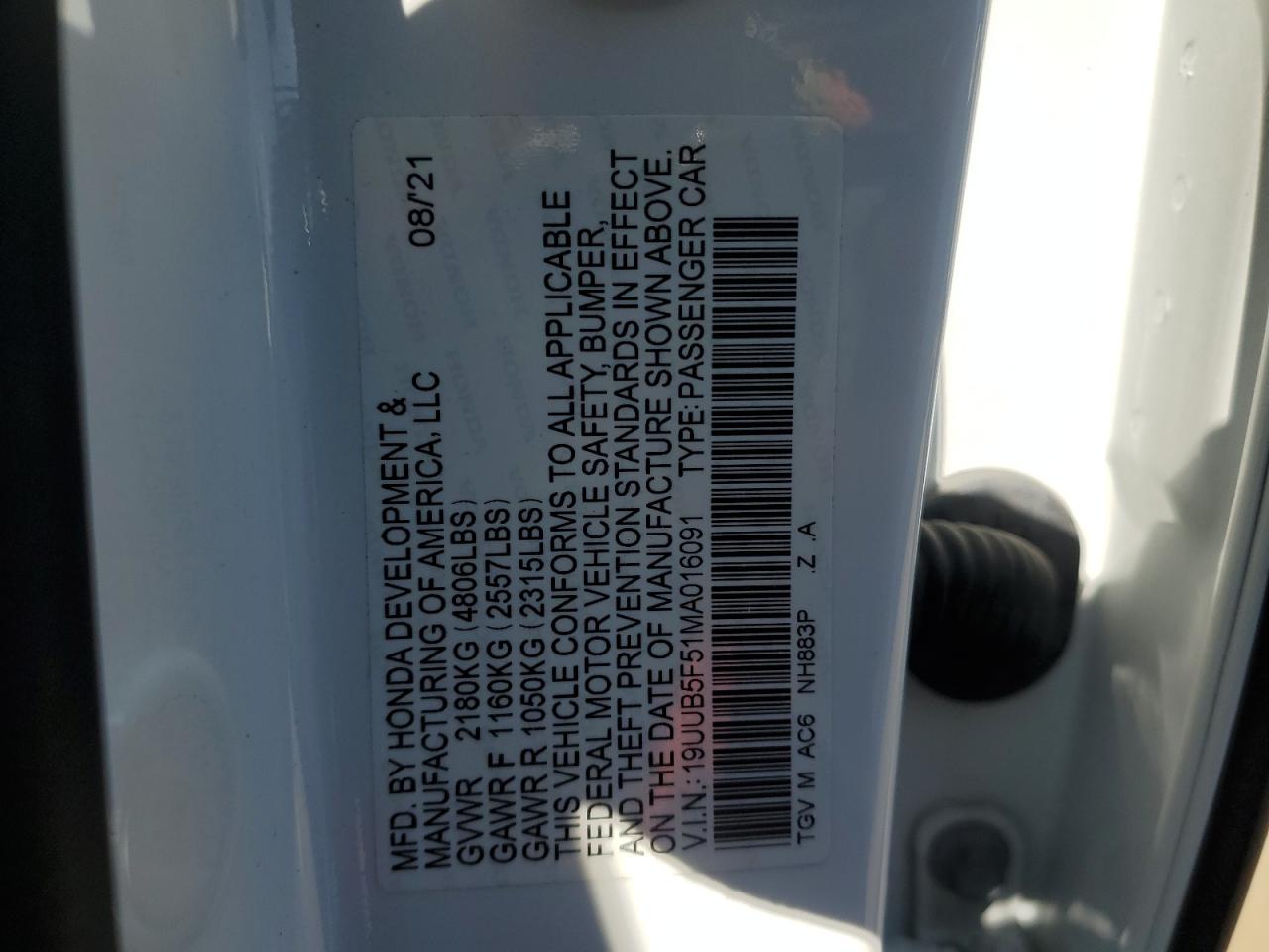 2021 Acura Tlx Tech A VIN: 19UUB5F51MA016091 Lot: 63460954