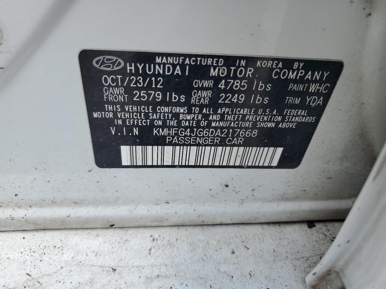 2013 Hyundai Azera VIN: KMHFG4JG6DA217668 Lot: 64266624