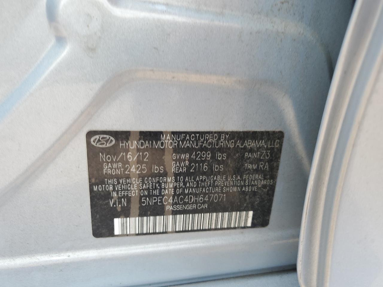 2013 Hyundai Sonata Se VIN: 5NPEC4AC4DH647071 Lot: 62401914