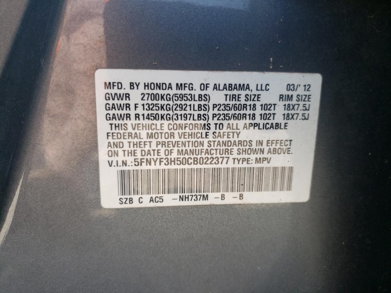 2012 Honda Pilot Exl VIN: 5FNYF3H50CB022377 Lot: 63142414